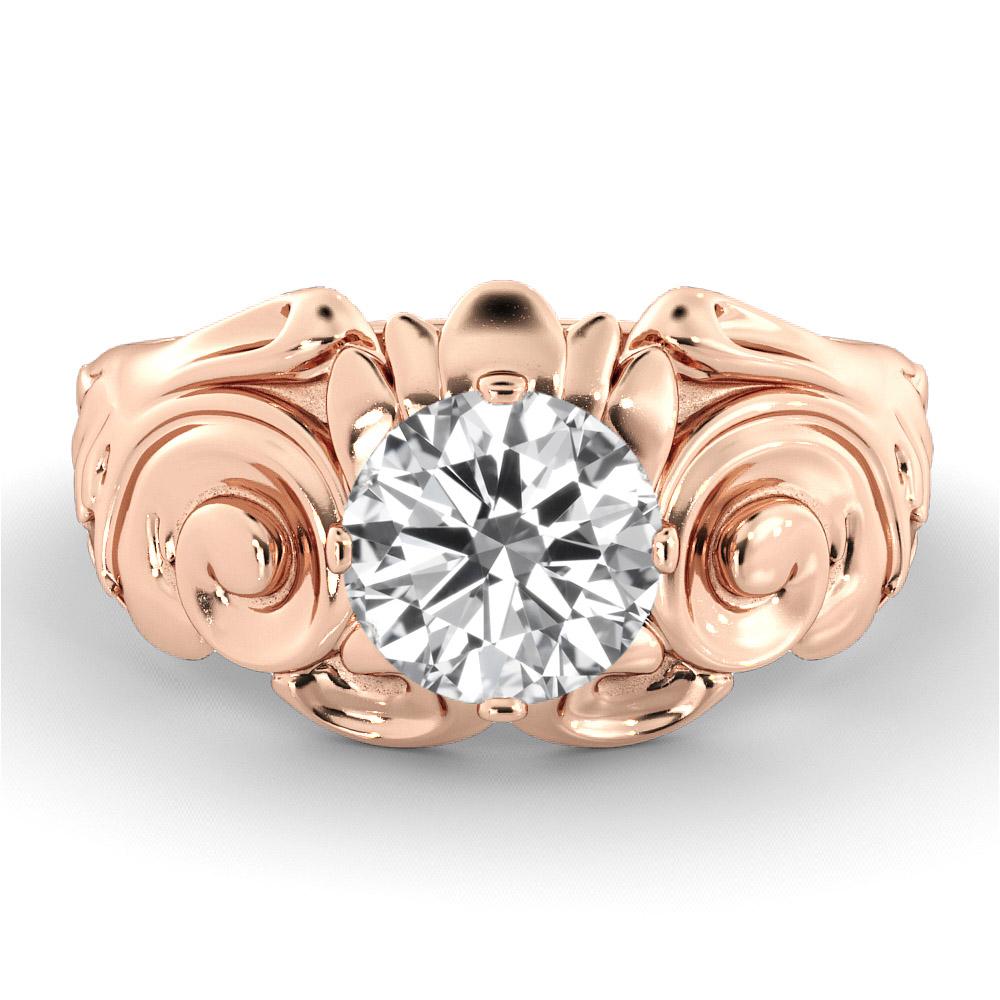 Stunningly unique setting GIA certified diamond engagement ring. Ring features a 1.5 carat round cut 100% eye clean natural diamond of F-G color and VS2-SI1 clarity. Set in a sleek, 18K rose gold, solitaire ring with a 4-prong setting. The setting