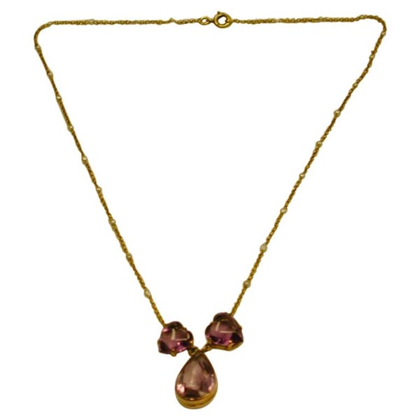 15 Carat Gold Amethyst Pendant and Chain with Seed Pearls, 1910