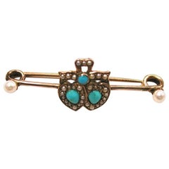 Antique 15 Carat Gold Double Heart Brooch Set with Turquoise and Pearls, circa 1880