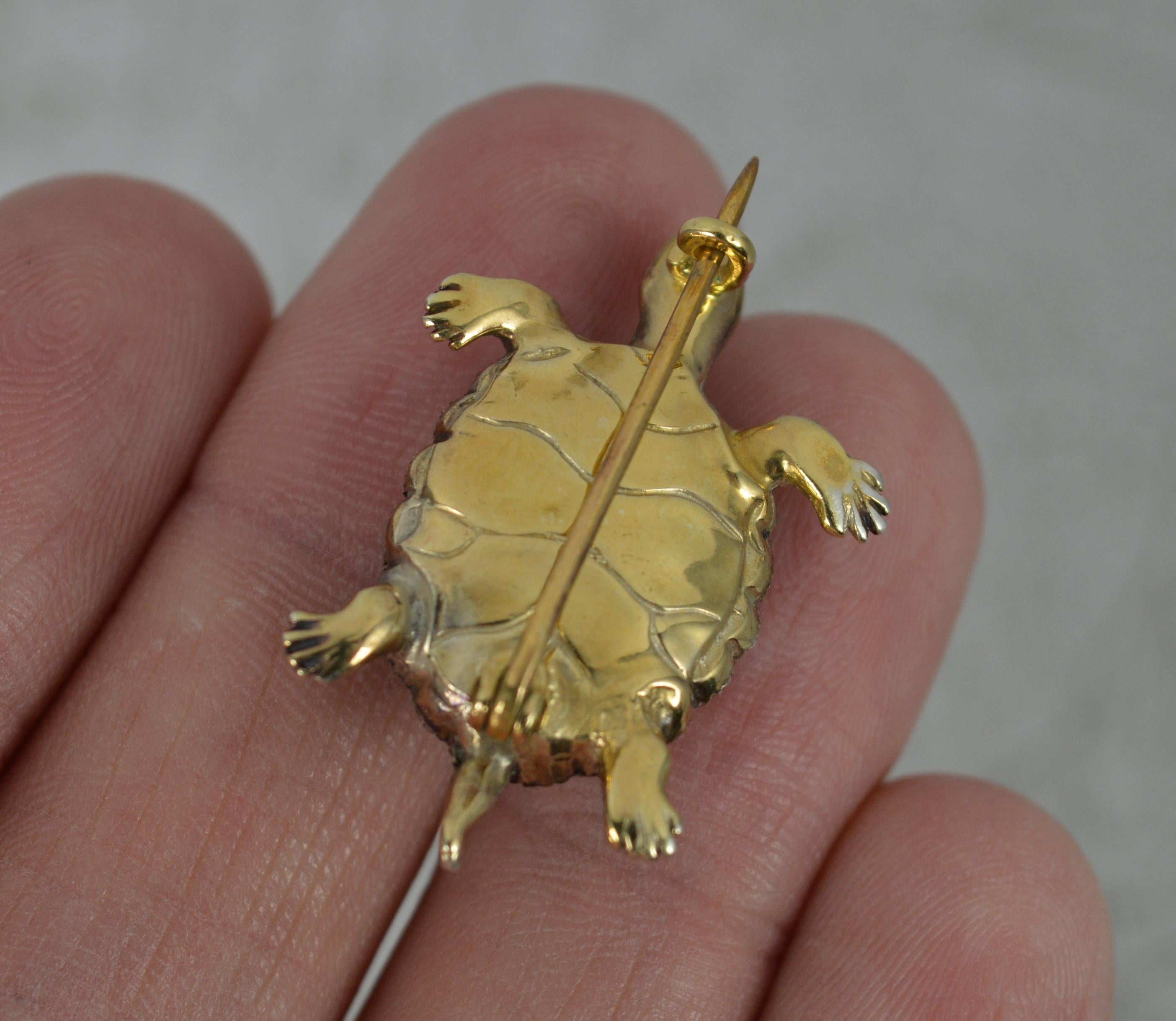 Victorian 15 Carat Gold Garnet Cabochon and Rose Cut Diamond Turtle Tortoise Brooch For Sale