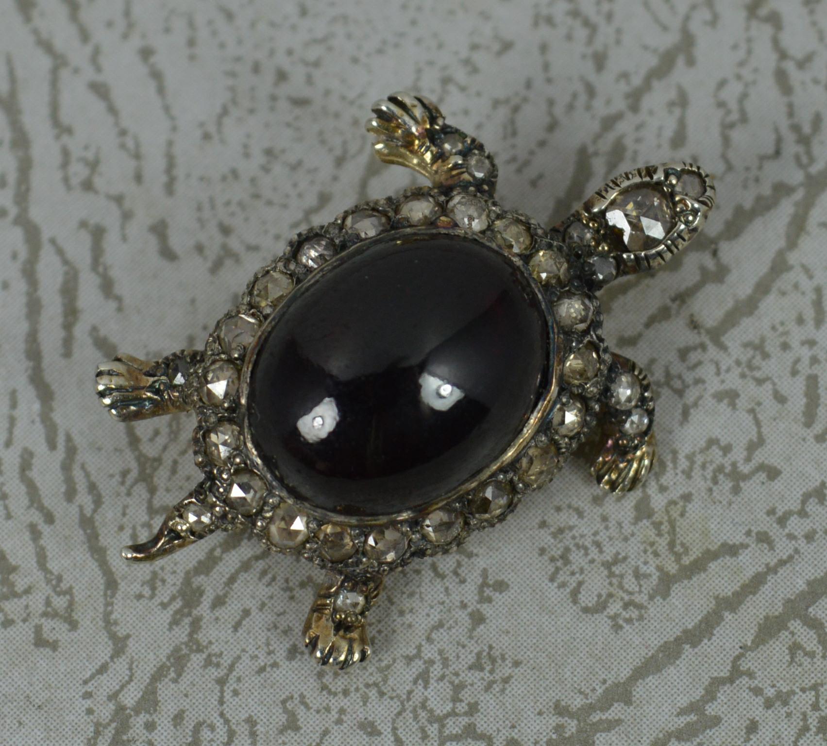 Women's 15 Carat Gold Garnet Cabochon and Rose Cut Diamond Turtle Tortoise Brooch For Sale