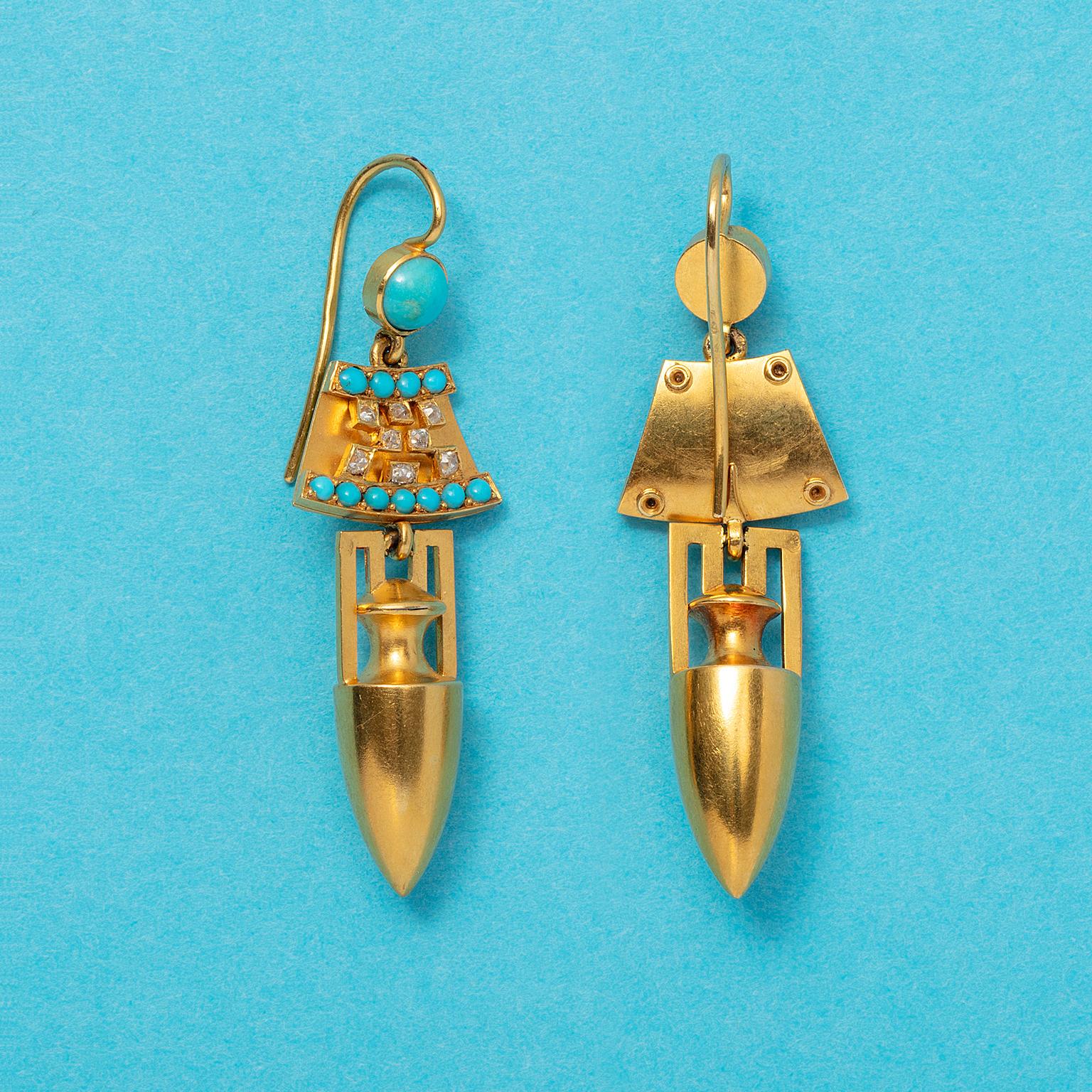 Etruscan Revival 15 Carat Gold Neo-Etruscan Earrings with Turquoise and Diamonds