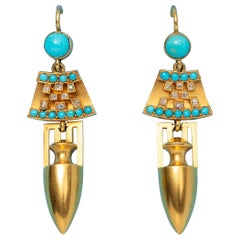 15 Carat Gold Neo-Etruscan Earrings with Turquoise and Diamonds