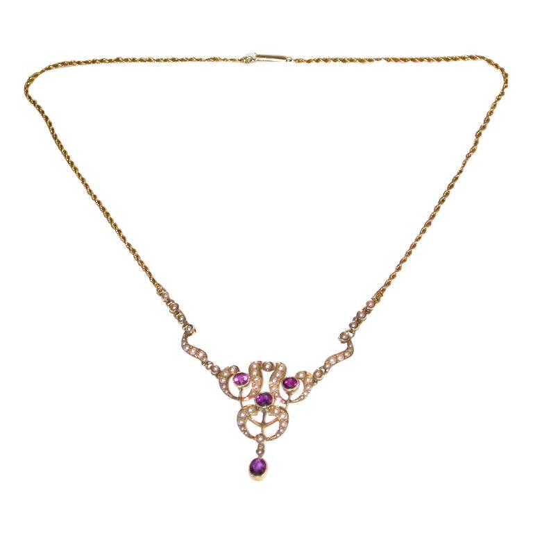 15 Carat Gold Pendant Set with Half Pearls, and Amethysts, Integral Rope Chain For Sale