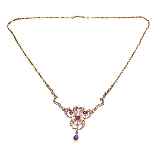 15 Carat Gold Pendant Set with Half Pearls, and Amethysts, Integral Rope Chain