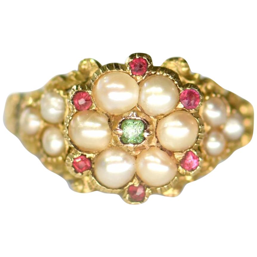 15 Carat Gold Regency Emerald, Natural Split Pearl and Ruby Cluster Ring For Sale