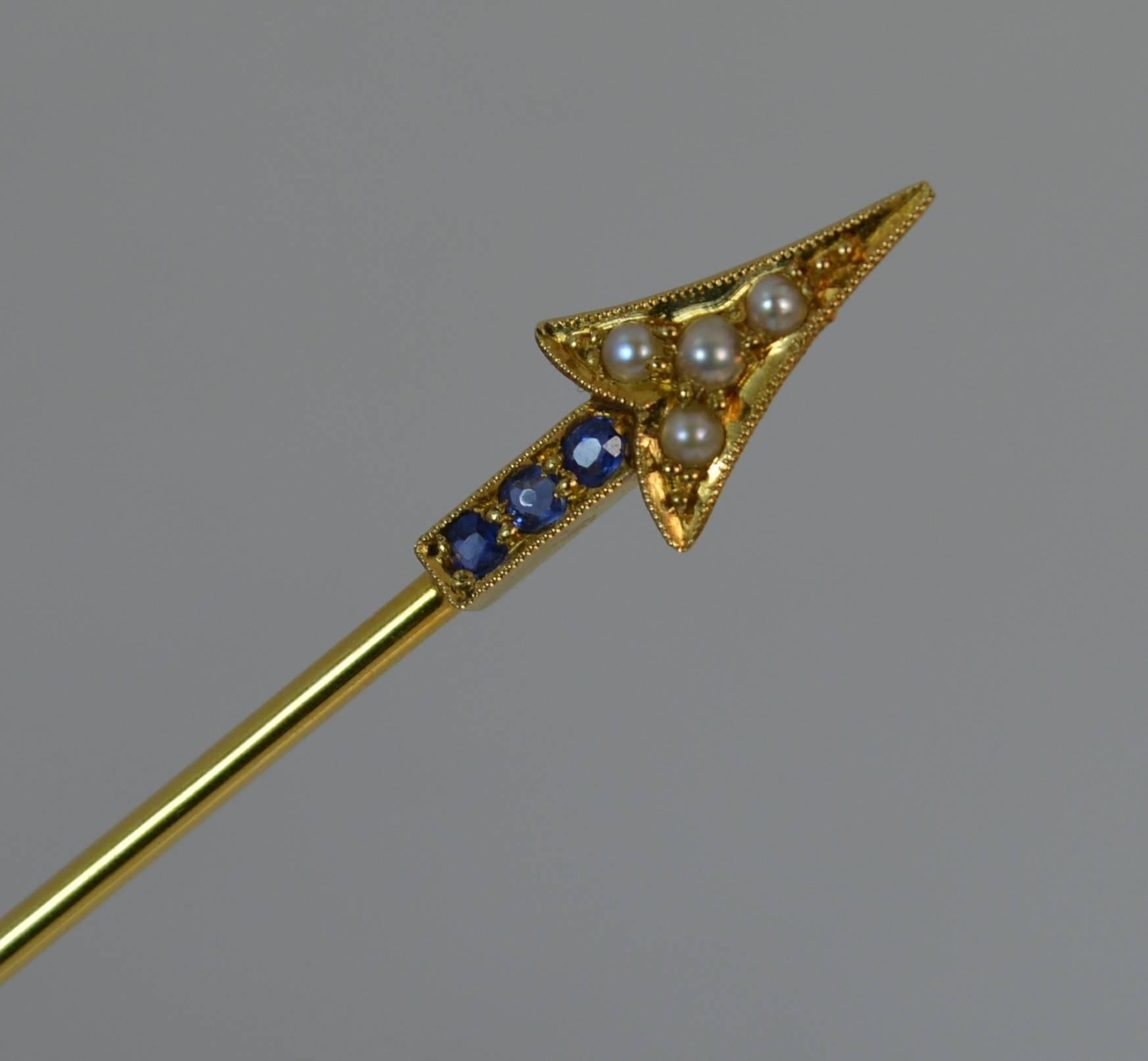  15 Carat Gold Sapphire and Pearl Arrow Jabot Pin in Box 5