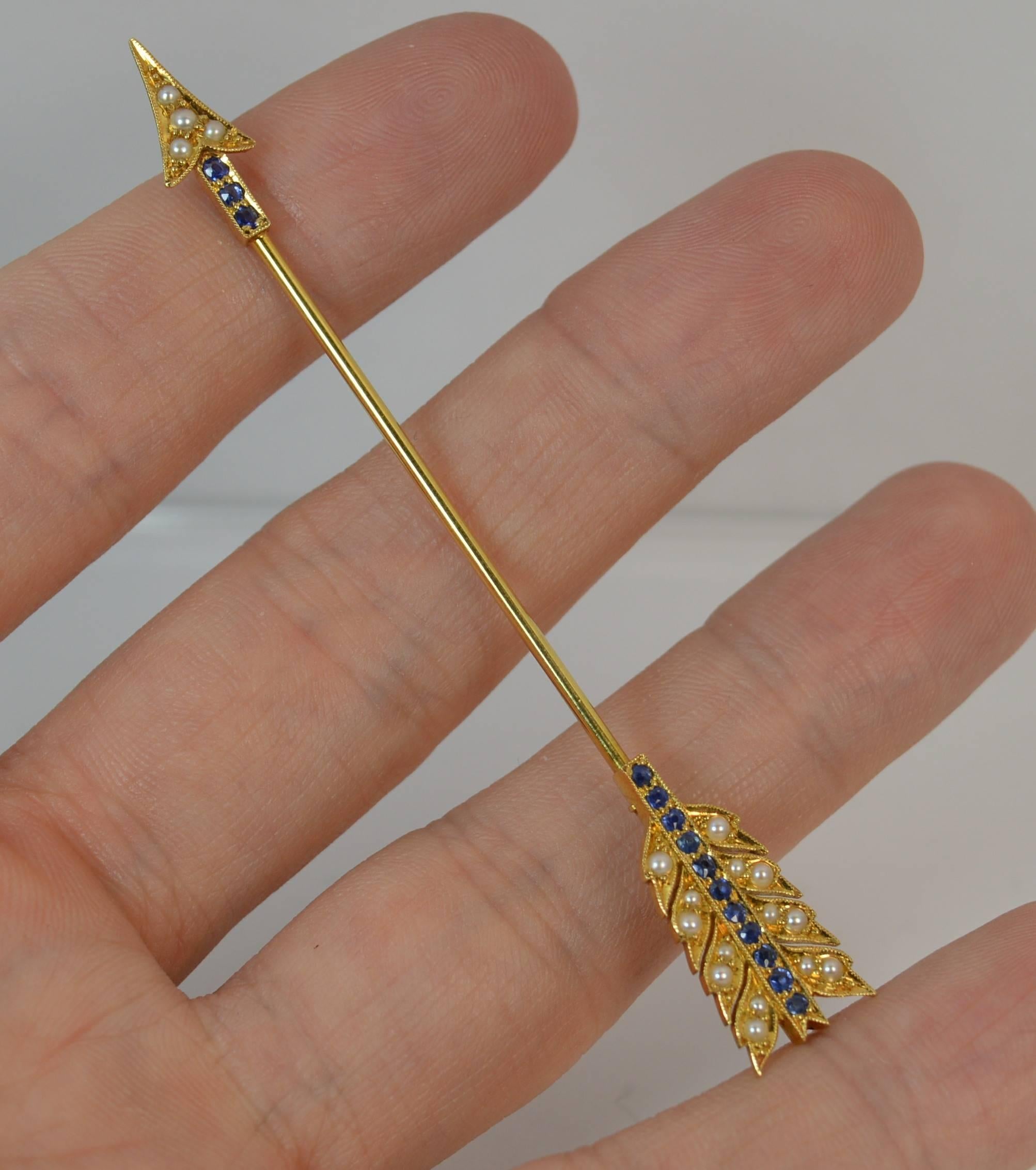  15 Carat Gold Sapphire and Pearl Arrow Jabot Pin in Box 9