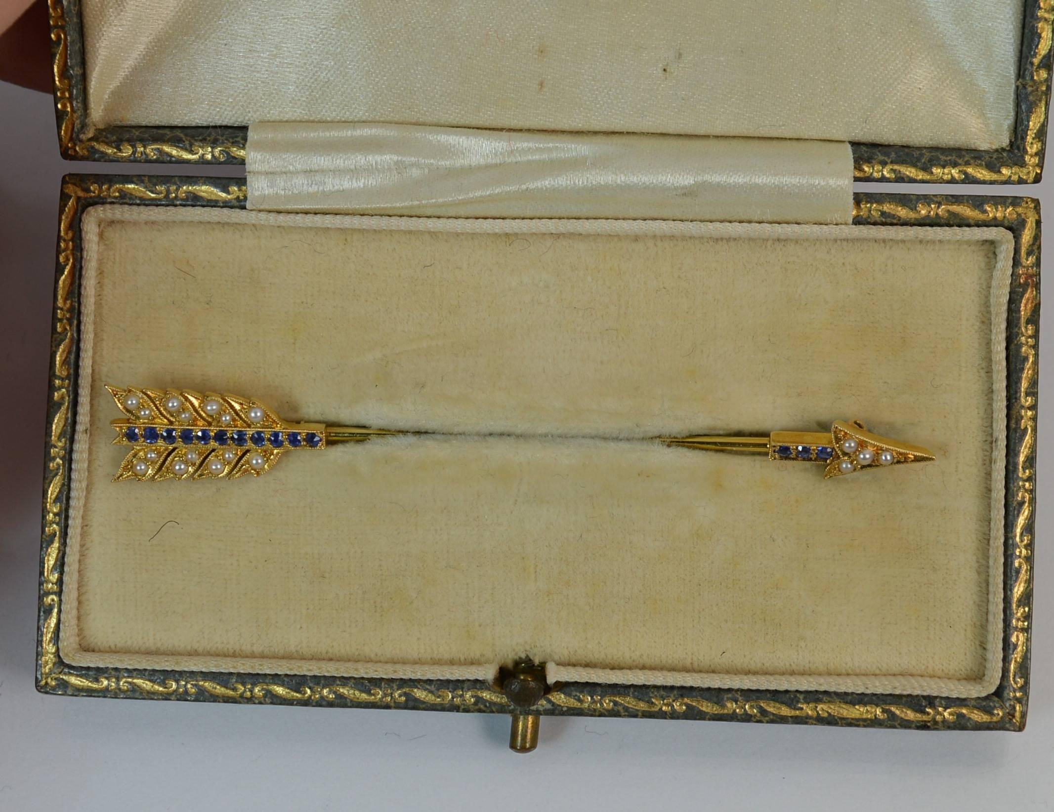 Victorian  15 Carat Gold Sapphire and Pearl Arrow Jabot Pin in Box