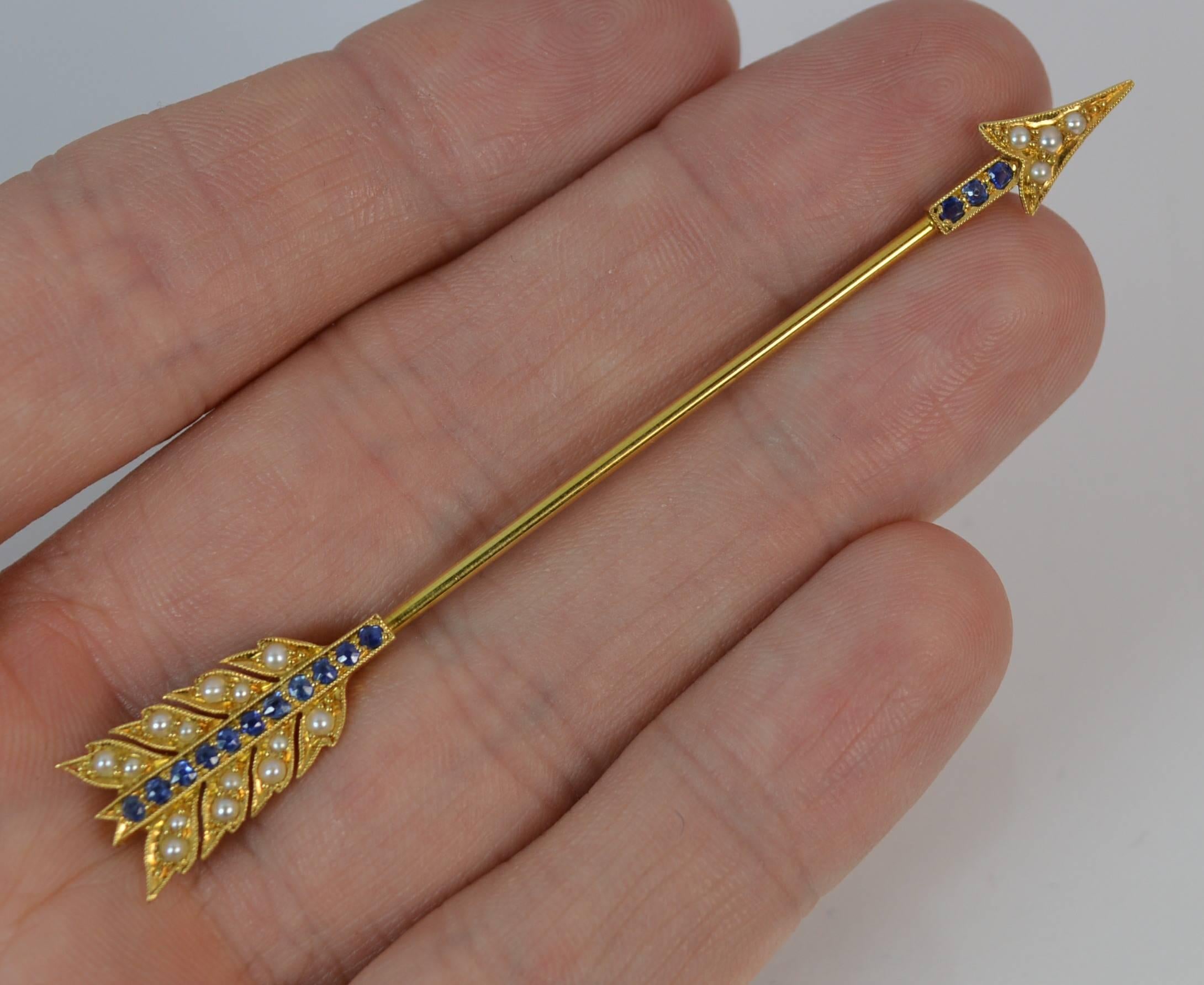 Women's or Men's  15 Carat Gold Sapphire and Pearl Arrow Jabot Pin in Box