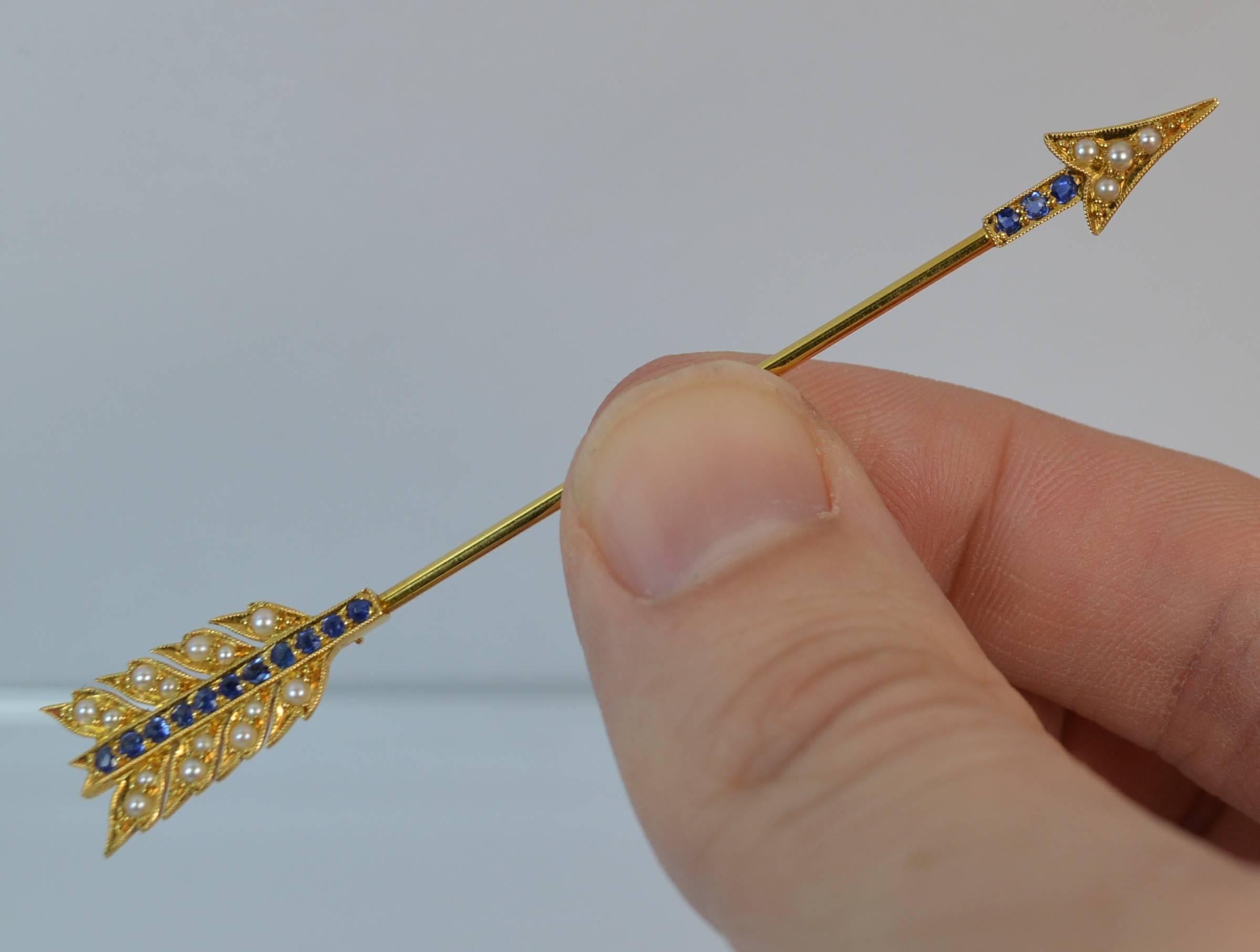  15 Carat Gold Sapphire and Pearl Arrow Jabot Pin in Box 1