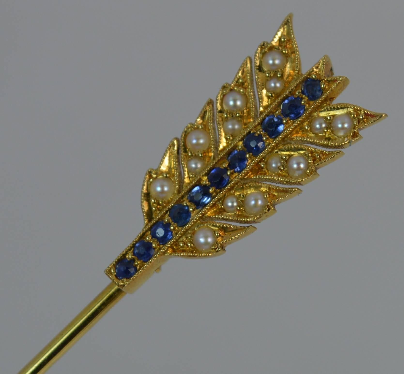  15 Carat Gold Sapphire and Pearl Arrow Jabot Pin in Box 2