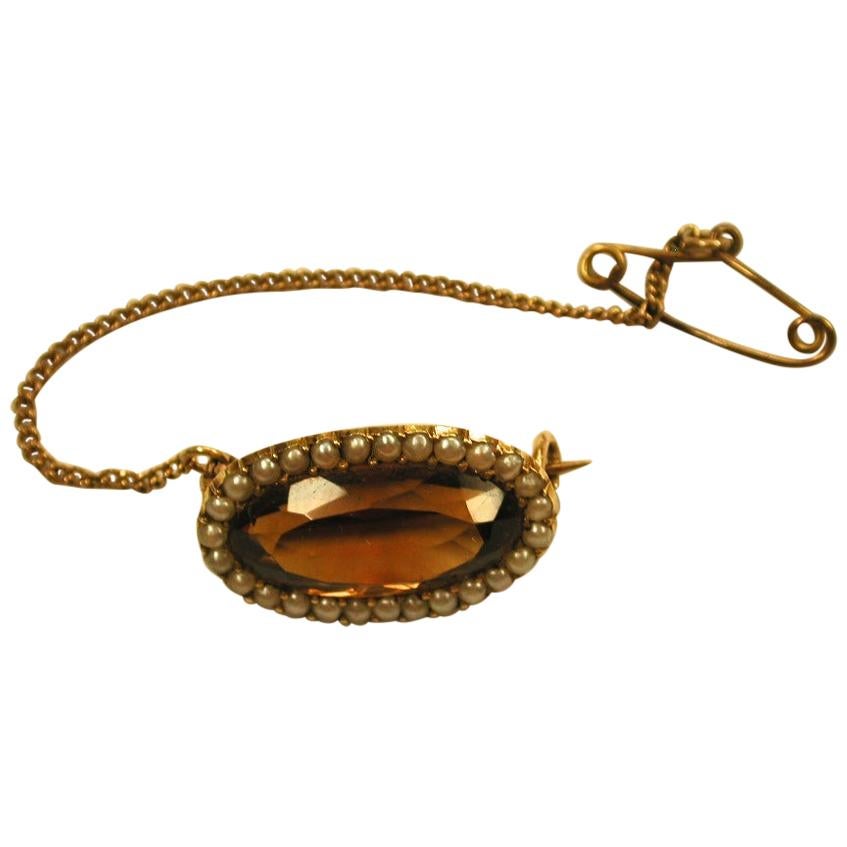 15 Carat Gold Topaz and Seed Pearl Brooch Date circa 1850 For Sale