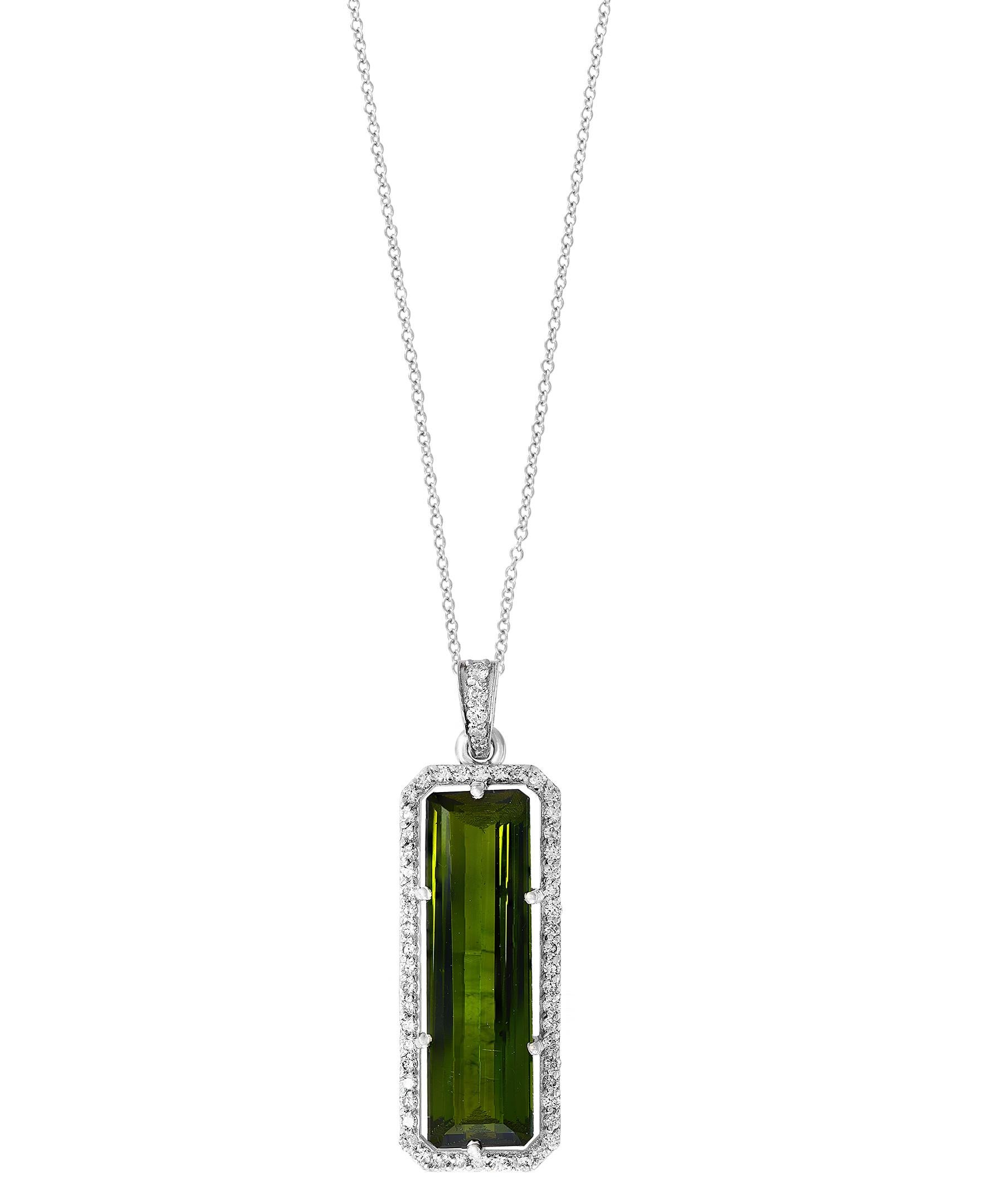 Women's 15 Carat Green Tourmaline and 1.1 Carat Diamond Pendant / Necklace 18 Karat Gold