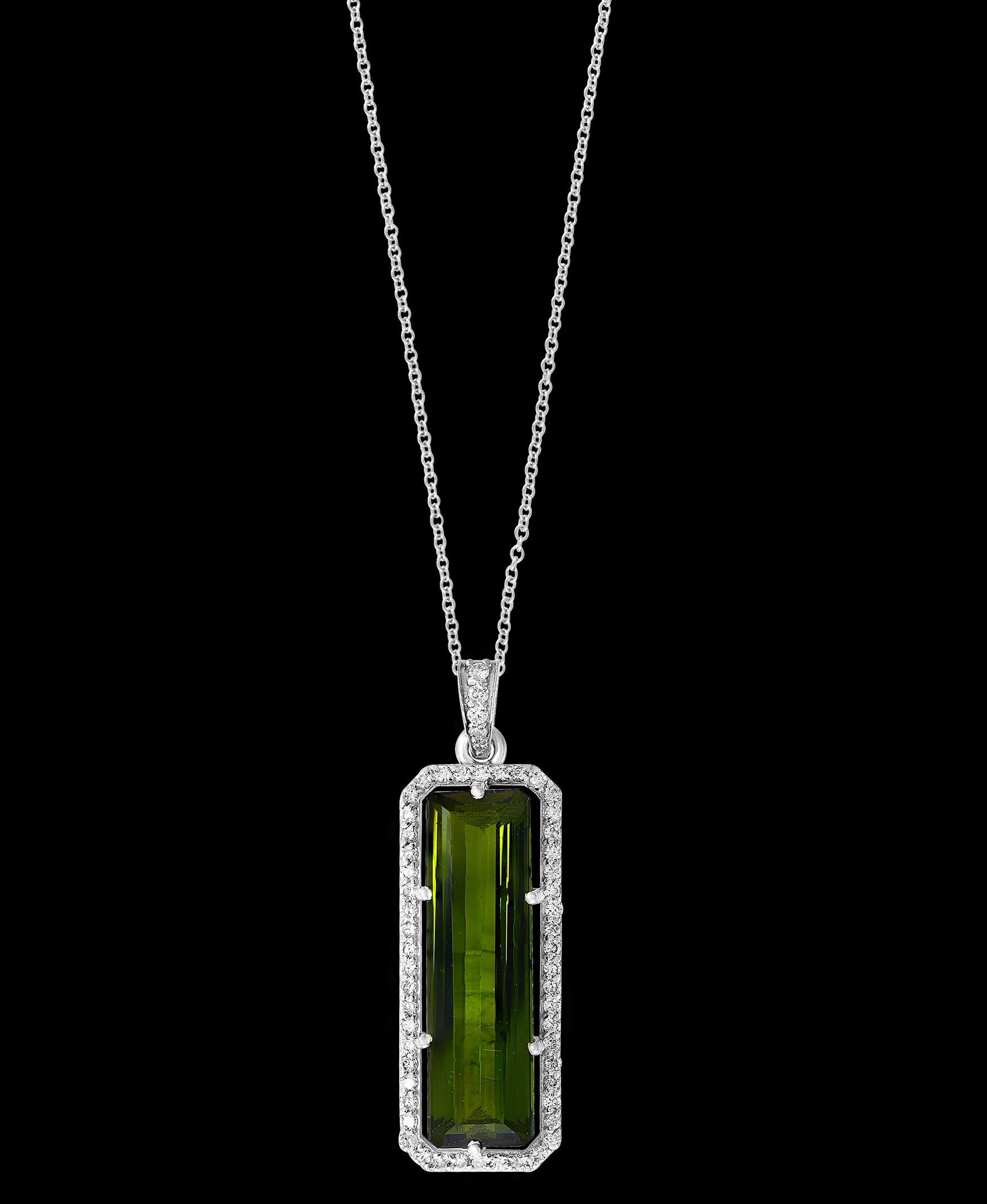 15 Carat Green Tourmaline and 1.1 Carat Diamond Pendant / Necklace 18 Karat Gold 1