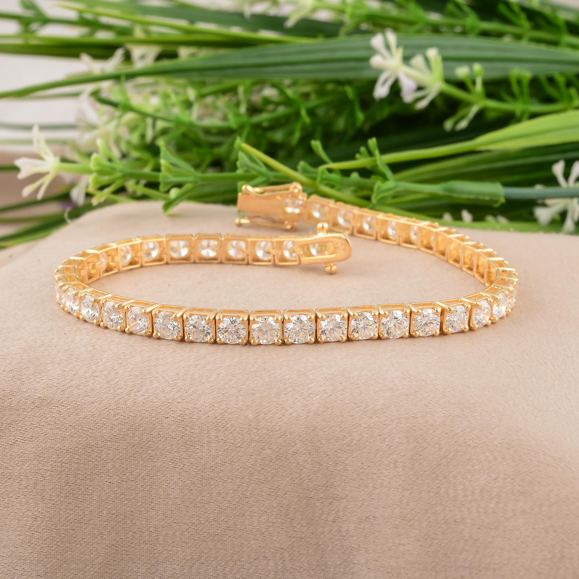 Round Cut 15 Carat H/SI Round Brilliant Cut Diamond Tennis Bracelet 18k Yellow Gold 7 Inch For Sale