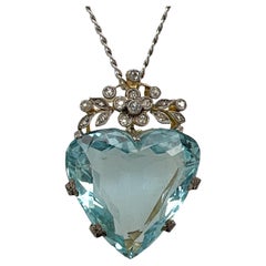 15-Carat Heart Shape Aquamarine Diamond 18 Karat Two Tone Gold Pendant Necklace
