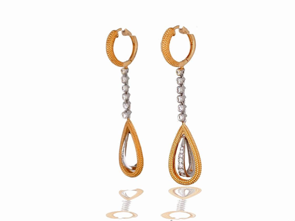 Modern Drop, 1.5 Ct Brilliant 2-Tone Gold,  Diamond Dangle 18Kt Earrings For Sale