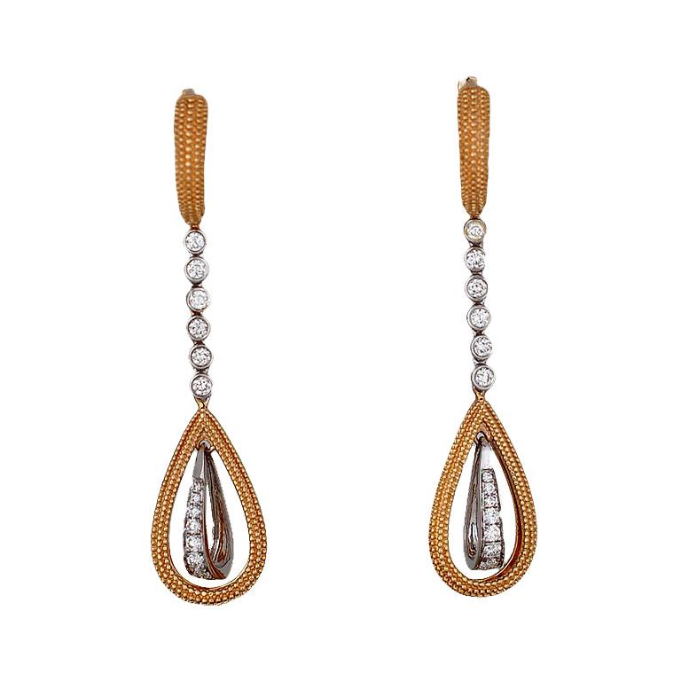 Drop, 1.5 Ct Brilliant 2-Tone Gold,  Diamond Dangle 18Kt Earrings For Sale
