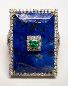 15 Carat Lapis Lazuli, Emerald and Diamond Ring