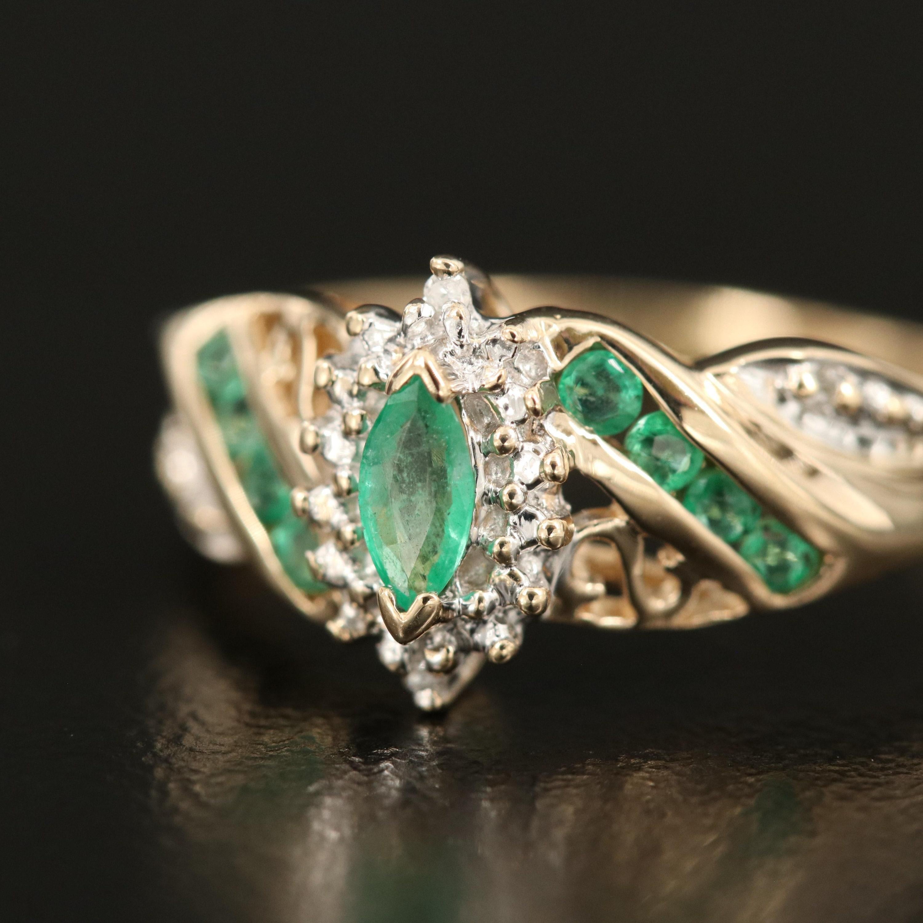 For Sale:  1.5 Carat Marquise Cut Emerald Diamond Bridal Ring Diamond Emerald Cocktail Ring 2