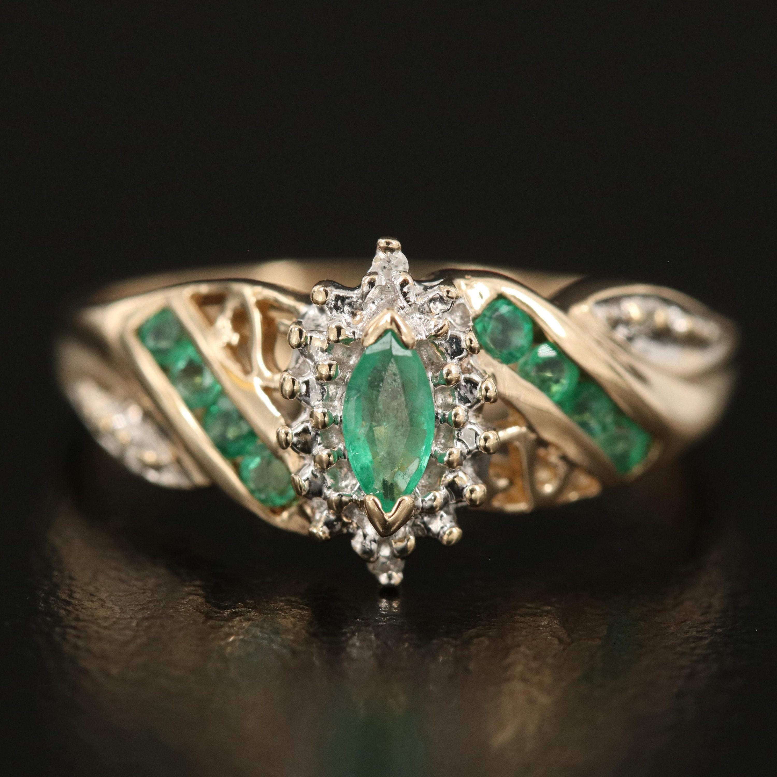 For Sale:  1.5 Carat Marquise Cut Emerald Diamond Bridal Ring Diamond Emerald Cocktail Ring 7