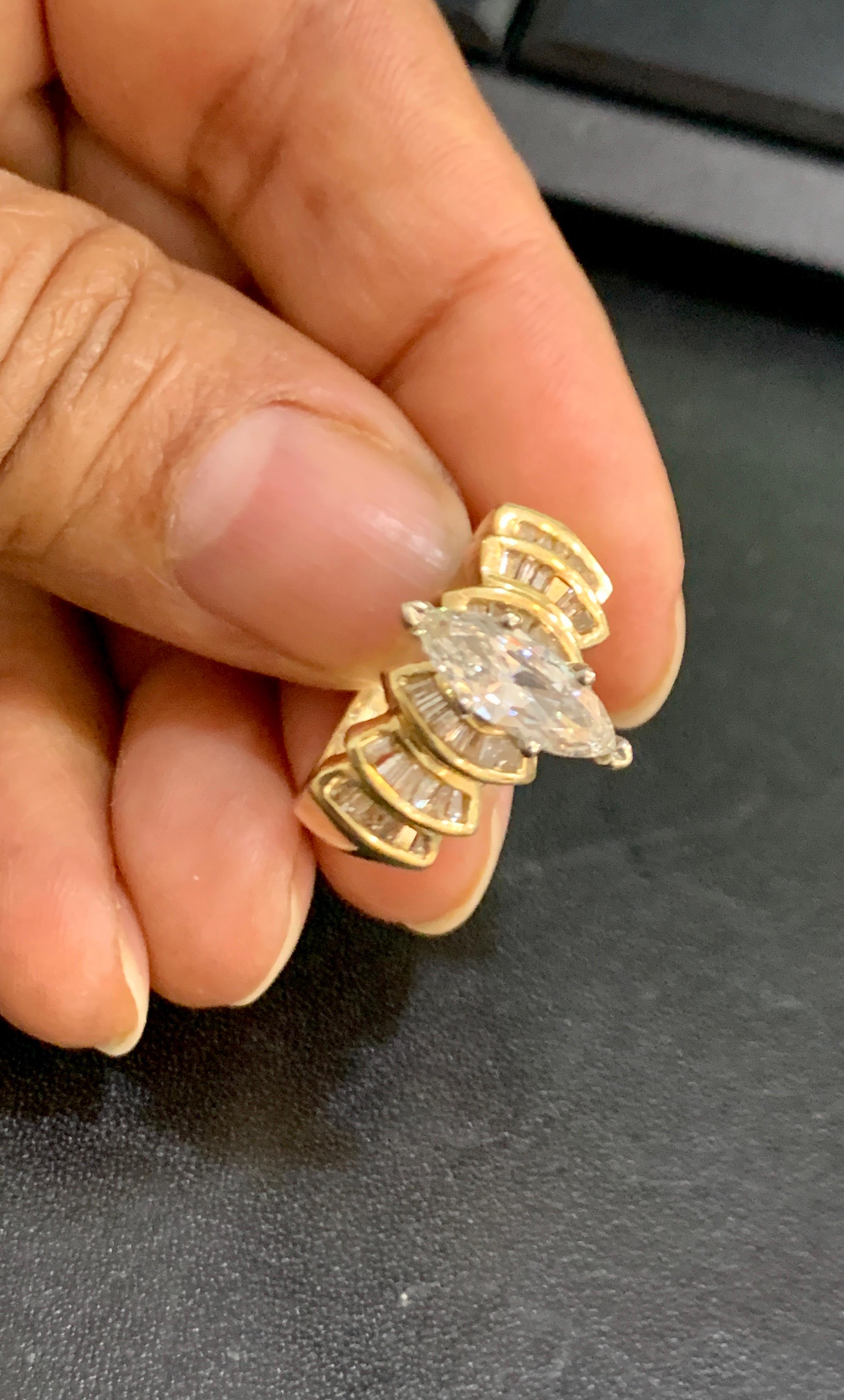 1.5 Carat Marquise Shape Center Diamond Engagement 14 Karat Yellow Gold Ring In Excellent Condition In New York, NY