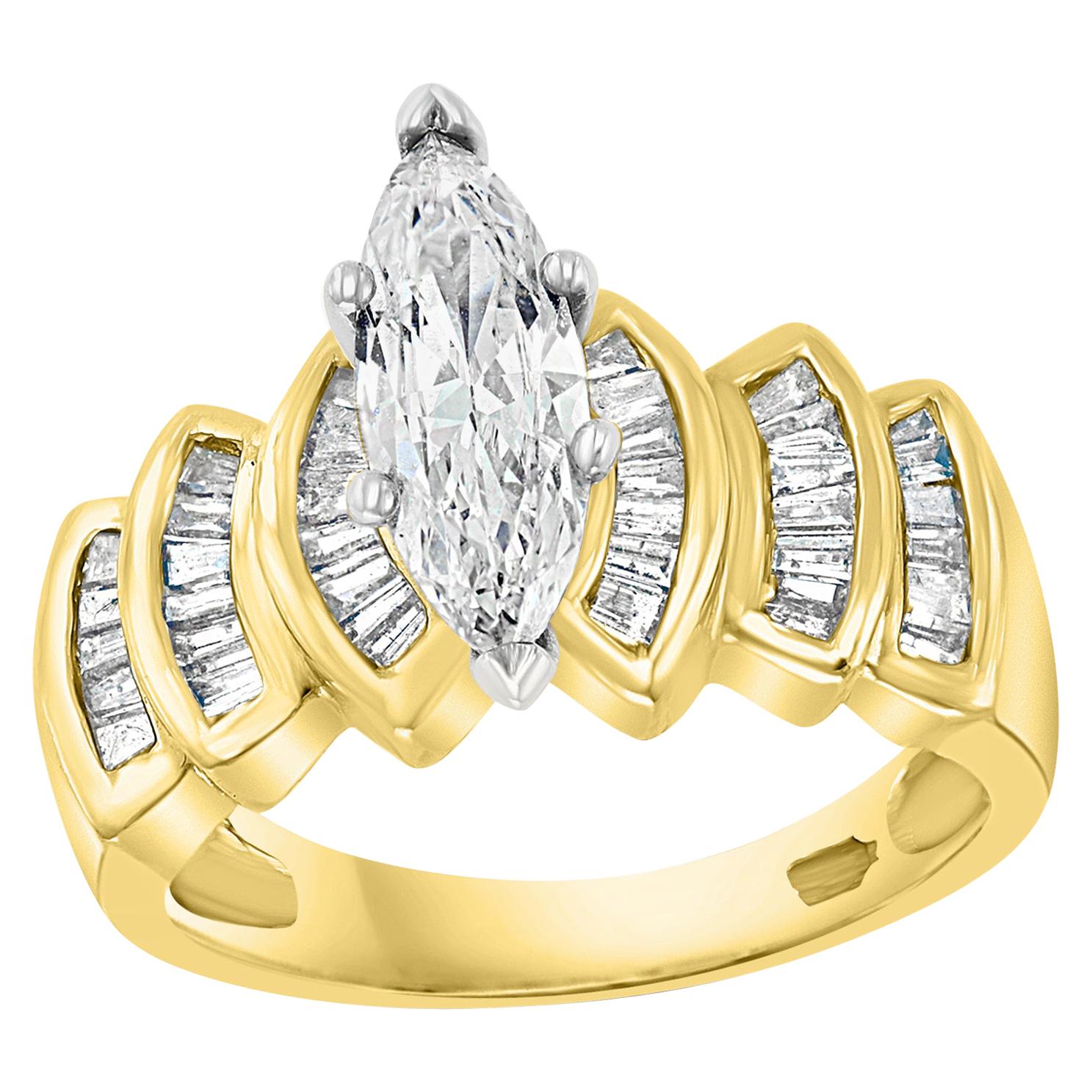 1.5 Carat Marquise Shape Center Diamond Engagement 14 Karat Yellow Gold Ring  For Sale at 1stDibs | 14 karat gold ring with diamonds, 1.5 carat marquise diamond  ring, 1.5 carat marquise diamond