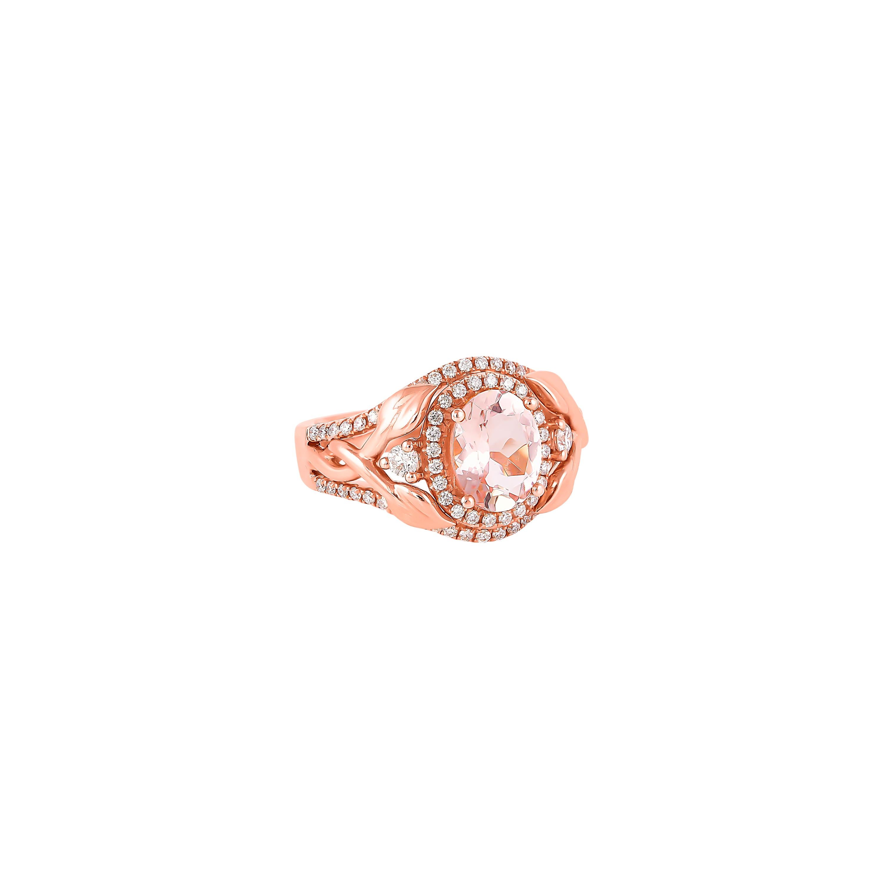 Diese Kollektion bietet eine Reihe von prächtigen Morganiten! Diese mit Diamanten besetzten Ringe sind aus Roségold gefertigt und wirken klassisch und elegant. 

Klassischer Morganit-Ring aus 18 Karat Roségold mit Diamanten. 

Morganit: 1,53 Karat