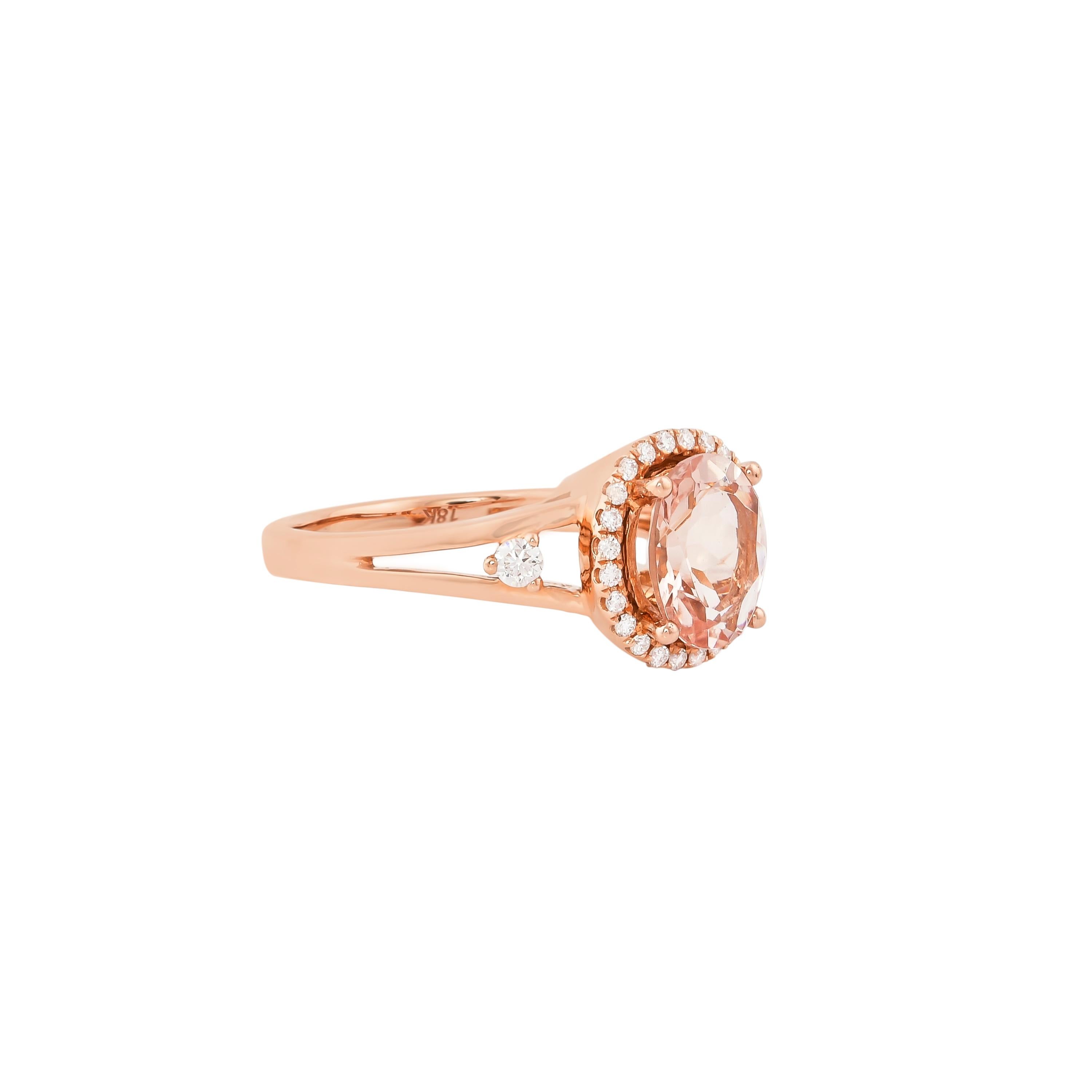 This collection features an array of magnificent morganites! Accented with diamonds these rings are made in rose gold and present a classic yet elegant look. 

Classic morganite ring in 18K rose gold with diamonds. 

Morganite: 1.53 carat oval