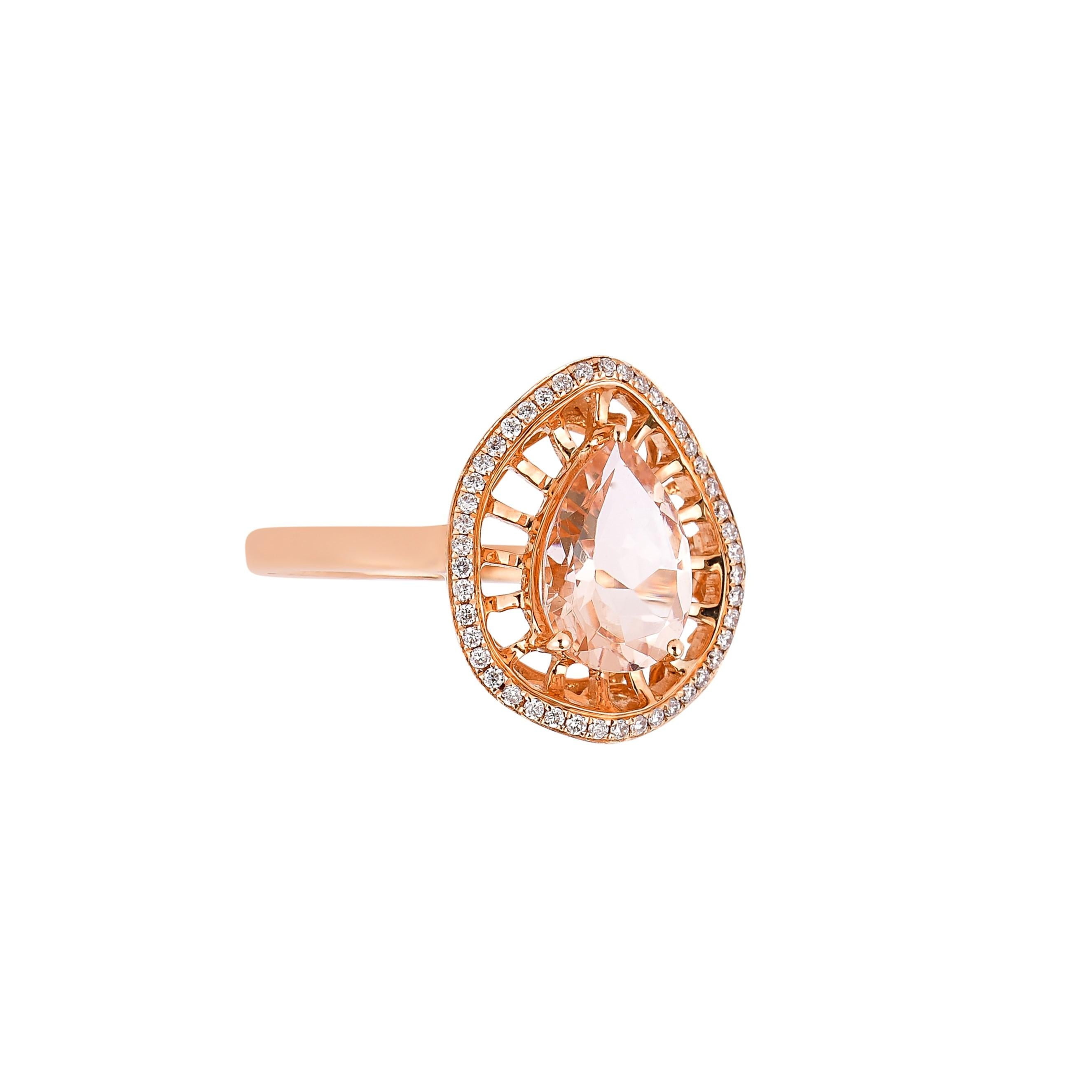 This collection features an array of magnificent morganites! Accented with diamonds these rings are made in rose gold and present a classic yet elegant look. 

Classic morganite ring in 18K rose gold with diamonds. 

Morganite: 1.56 carat pear
