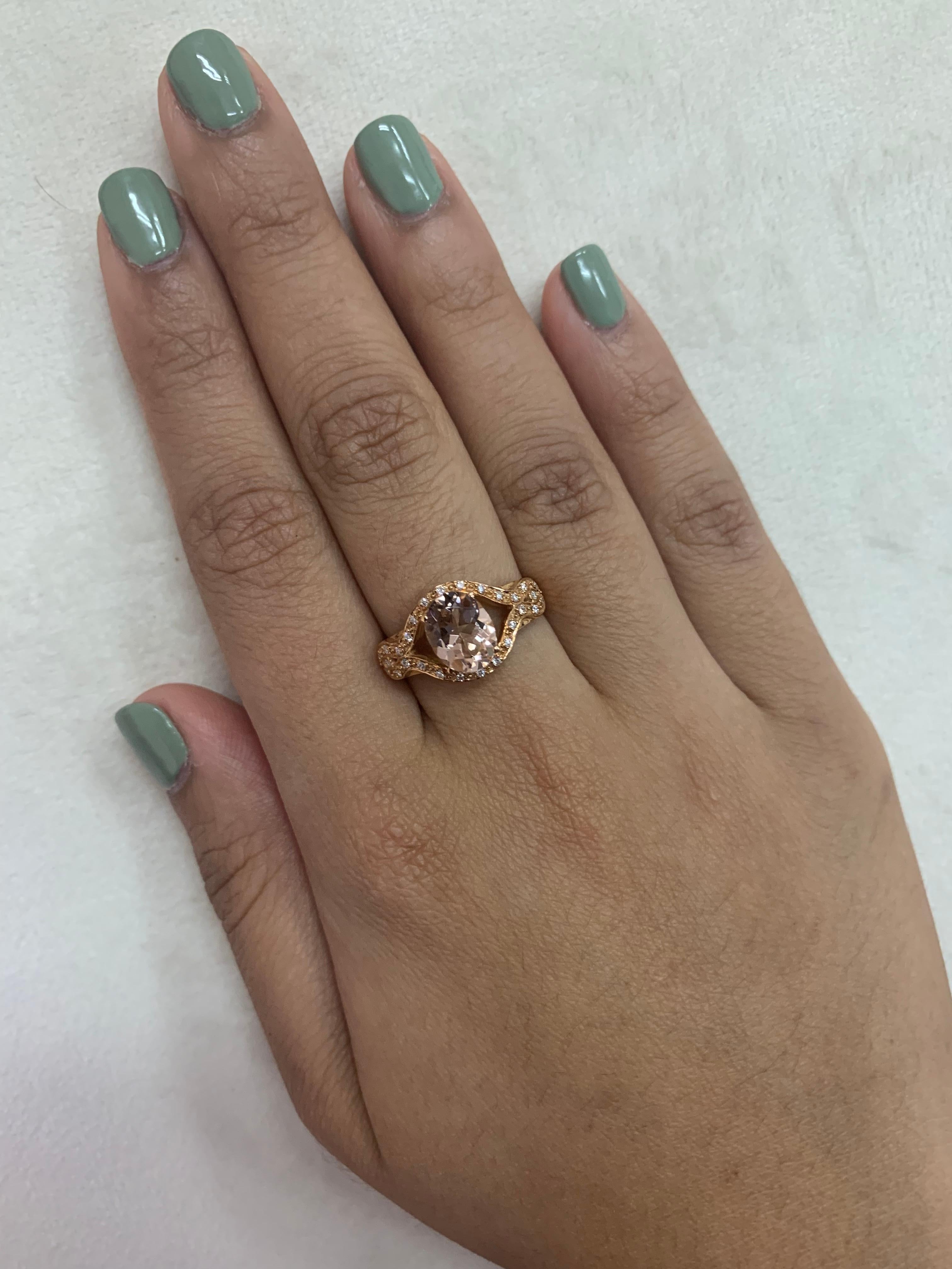 This collection features an array of magnificent morganites! Accented with diamonds these rings are made in rose gold and present a classic yet elegant look. 

Classic morganite ring in 18K rose gold with diamonds. 

Morganite: 1.57 carat oval