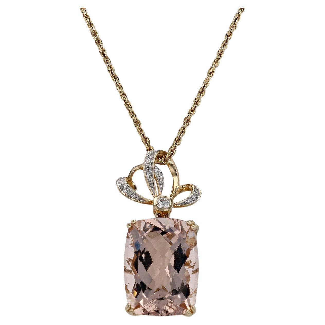 15 Carat Morganite & Diamond Yellow Gold Rope Necklace For Sale