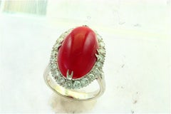10 Carat Natural Coral and 1.5 Carat Diamond Ring 14 Karat White Gold, Estate
