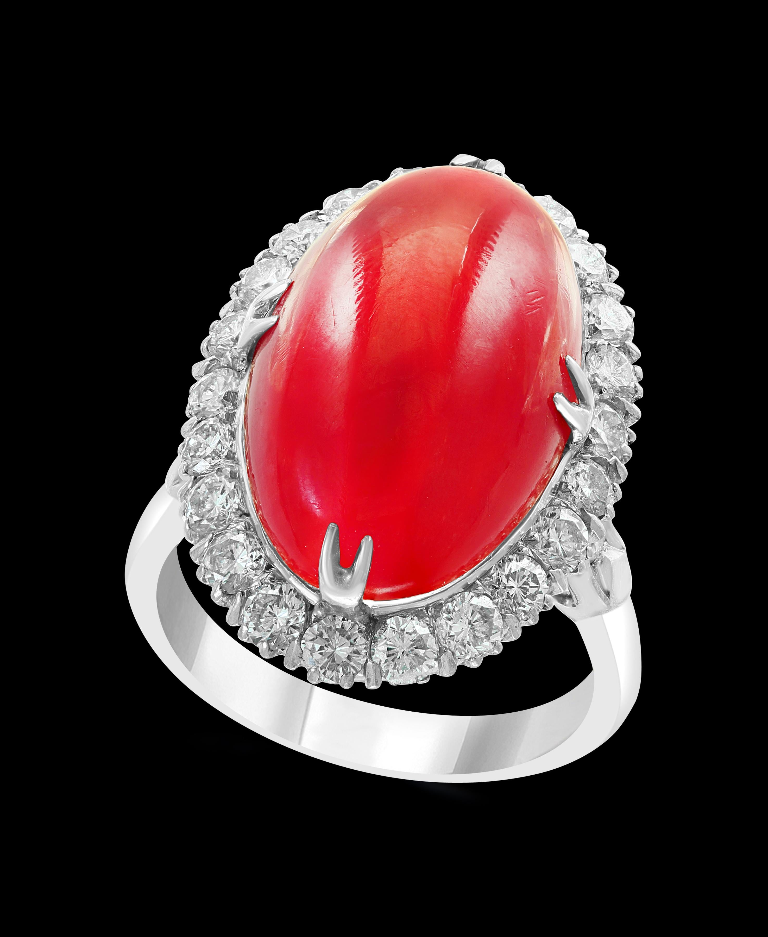 10 Carat Natural Coral and 1.5 Carat Diamond Ring 14 Karat White Gold, Estate For Sale 3