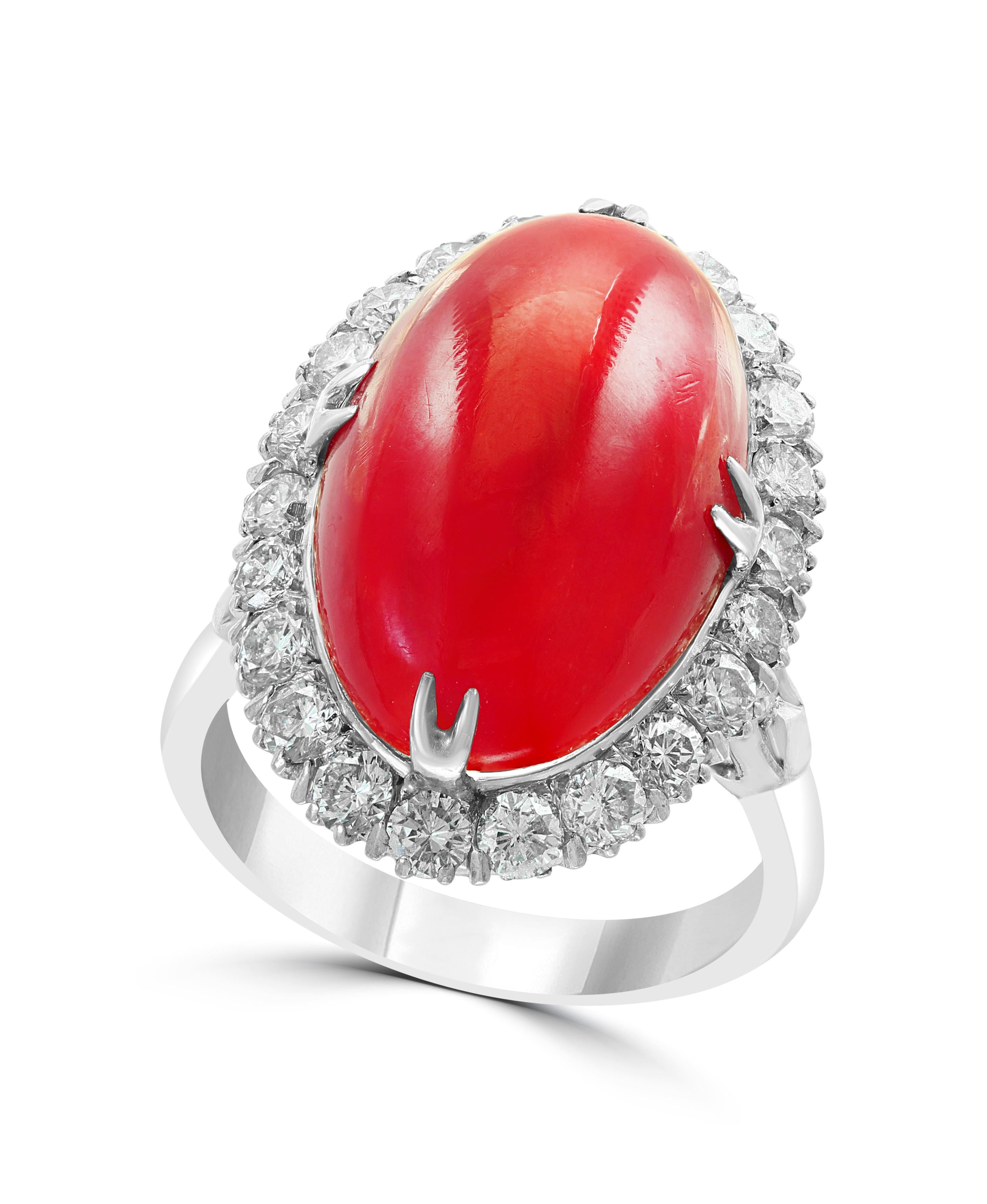 10 Carat Natural Coral and 1.5 Carat Diamond Ring 14 Karat White Gold, Estate For Sale 4