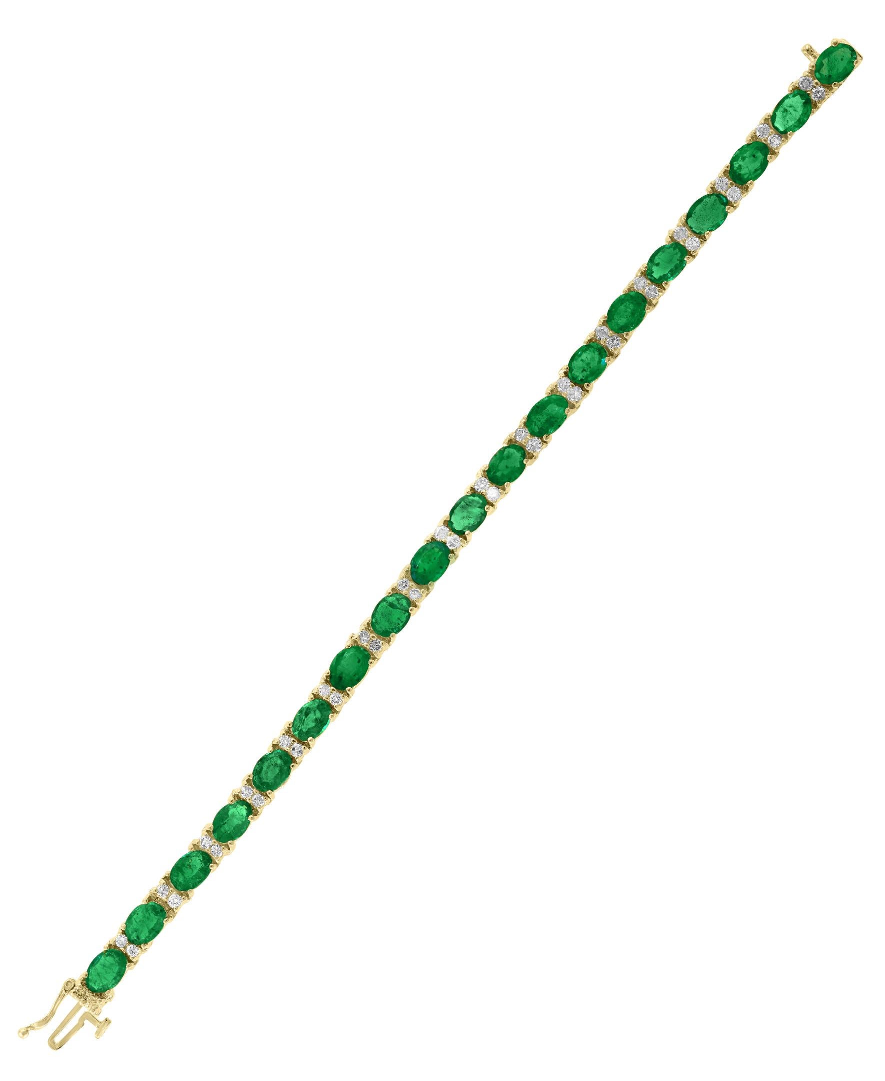 Oval Cut 15 Carat Natural Emerald & Diamond Cocktail Tennis Bracelet 14 Karat Yellow Gold For Sale