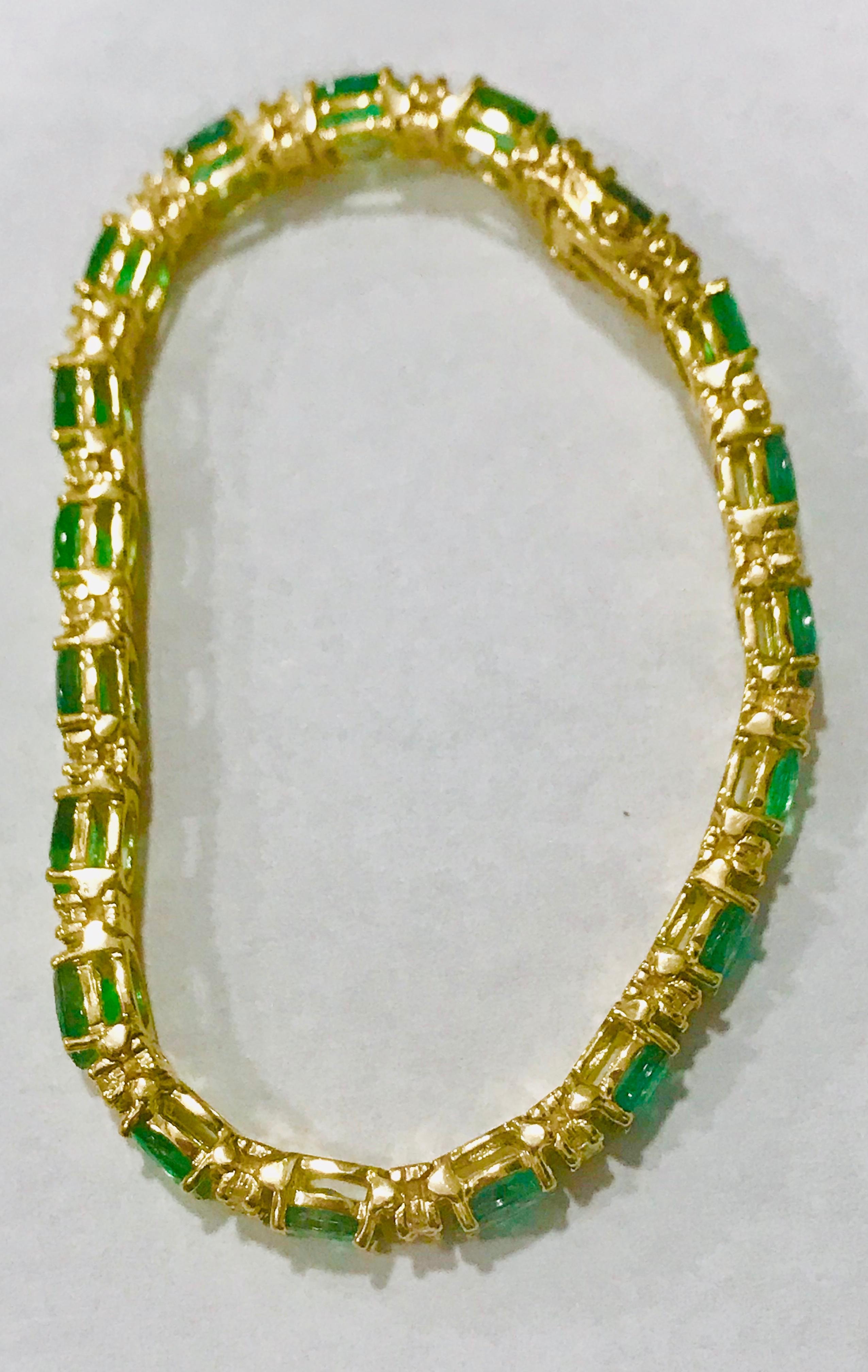 Women's 15 Carat Natural Emerald & Diamond Cocktail Tennis Bracelet 14 Karat Yellow Gold