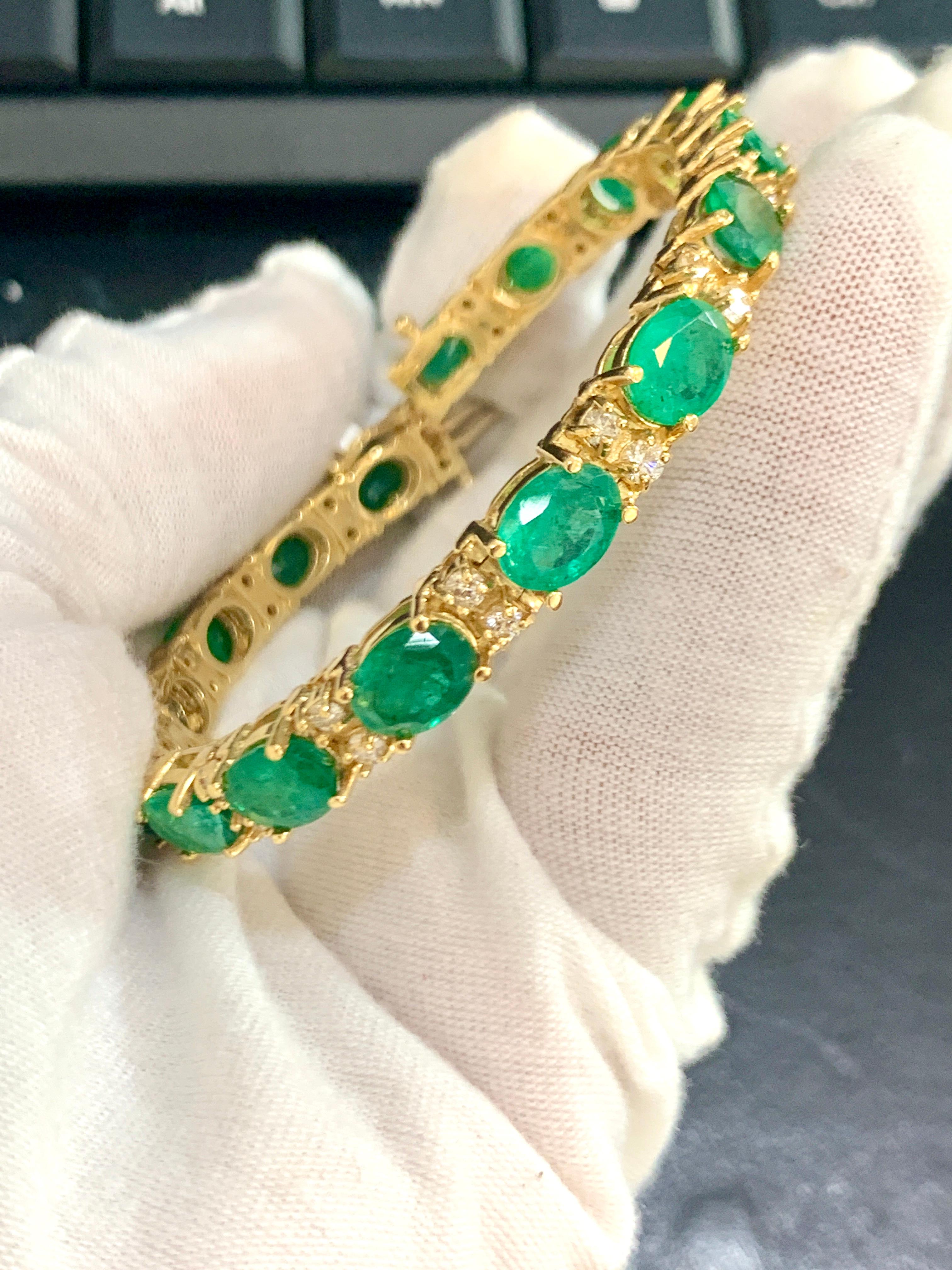 15 Carat Natural Emerald & Diamond Cocktail Tennis Bracelet 14 Karat Yellow Gold 4