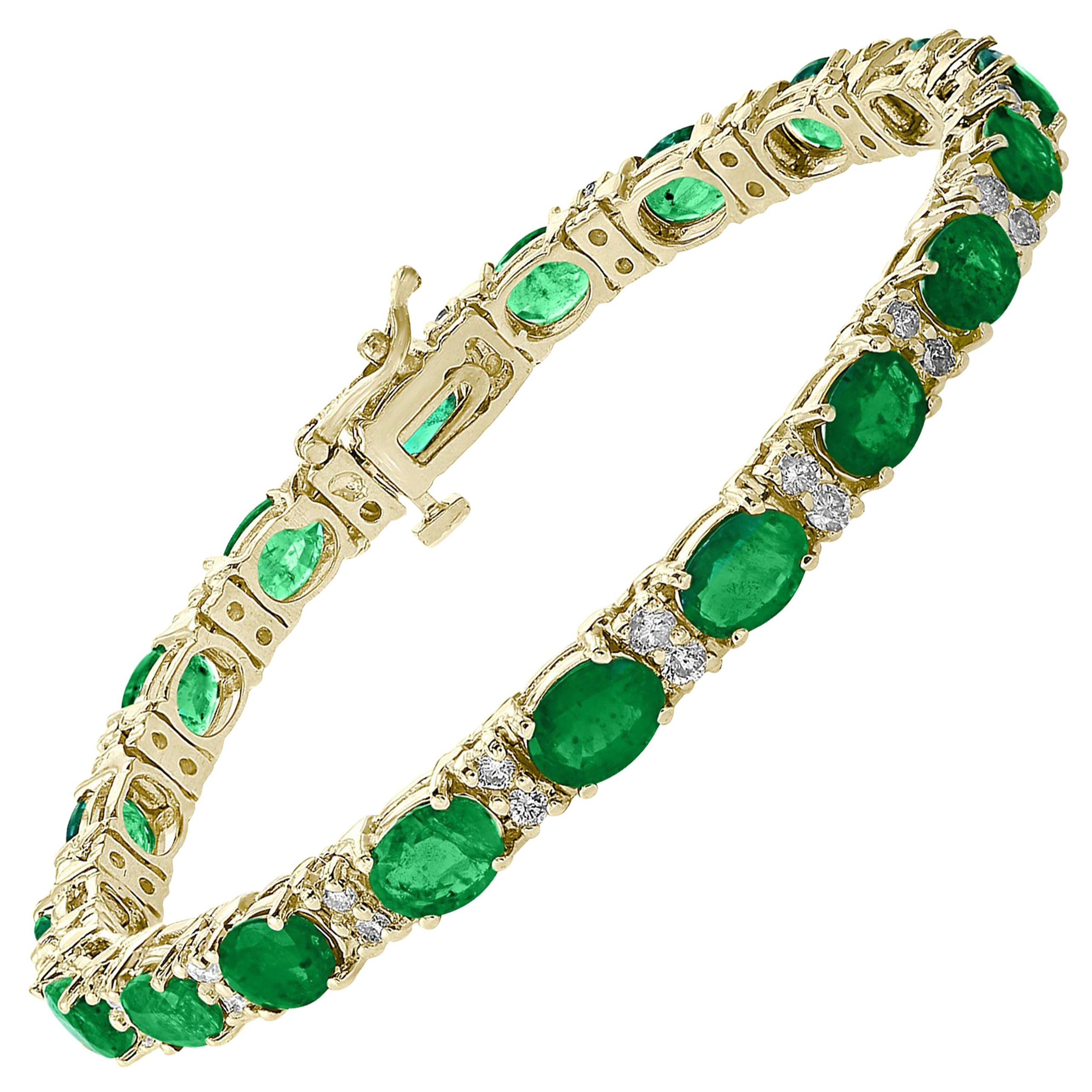 Esmeralda natural de 15 quilates y diamantes Pulsera de tenis de cóctel Oro amarillo de 14 quilates