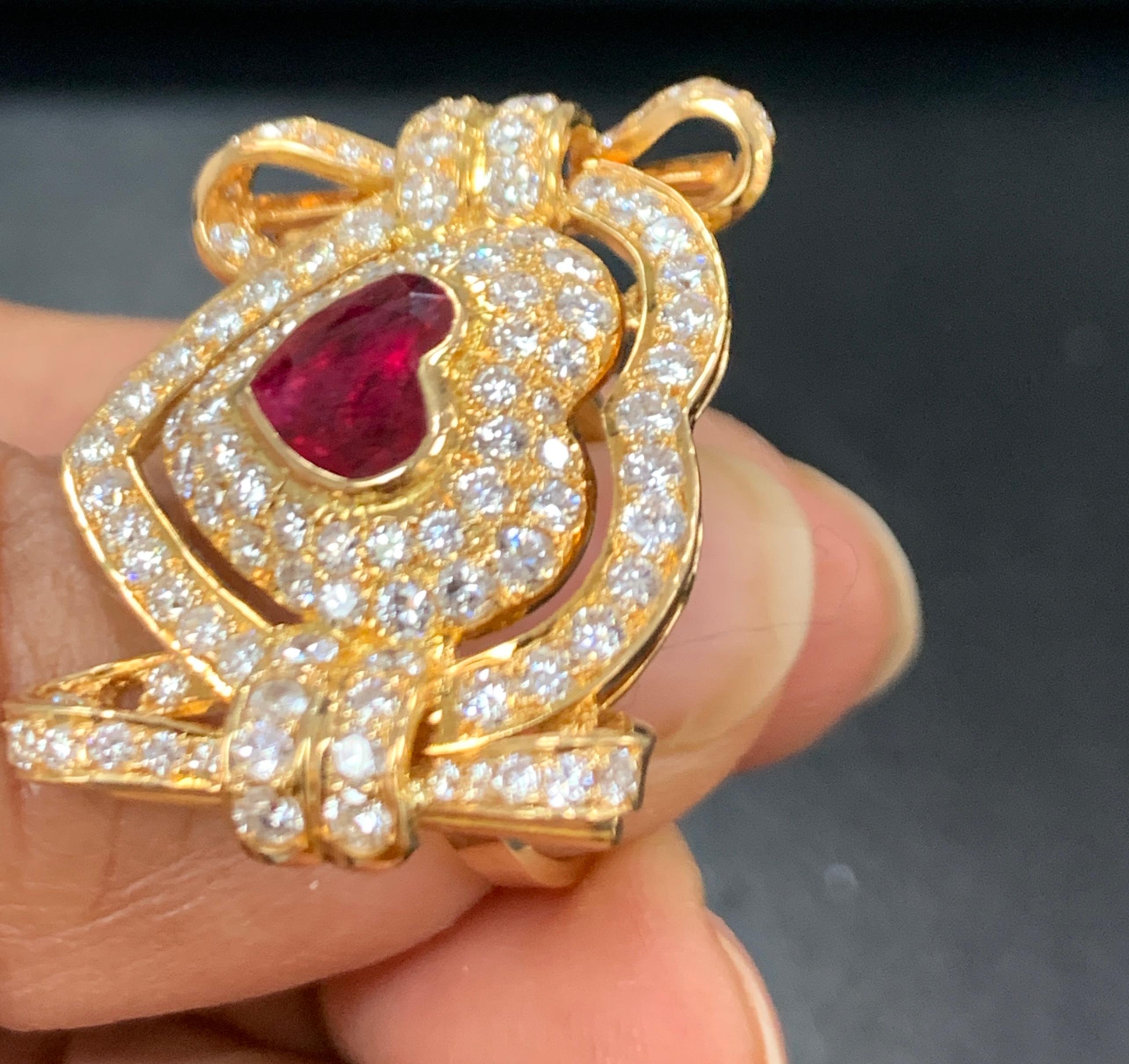 1.5 Carat Natural Heart Shape Ruby and 3.5 Carat Diamond 18 Karat Gold Ring 5