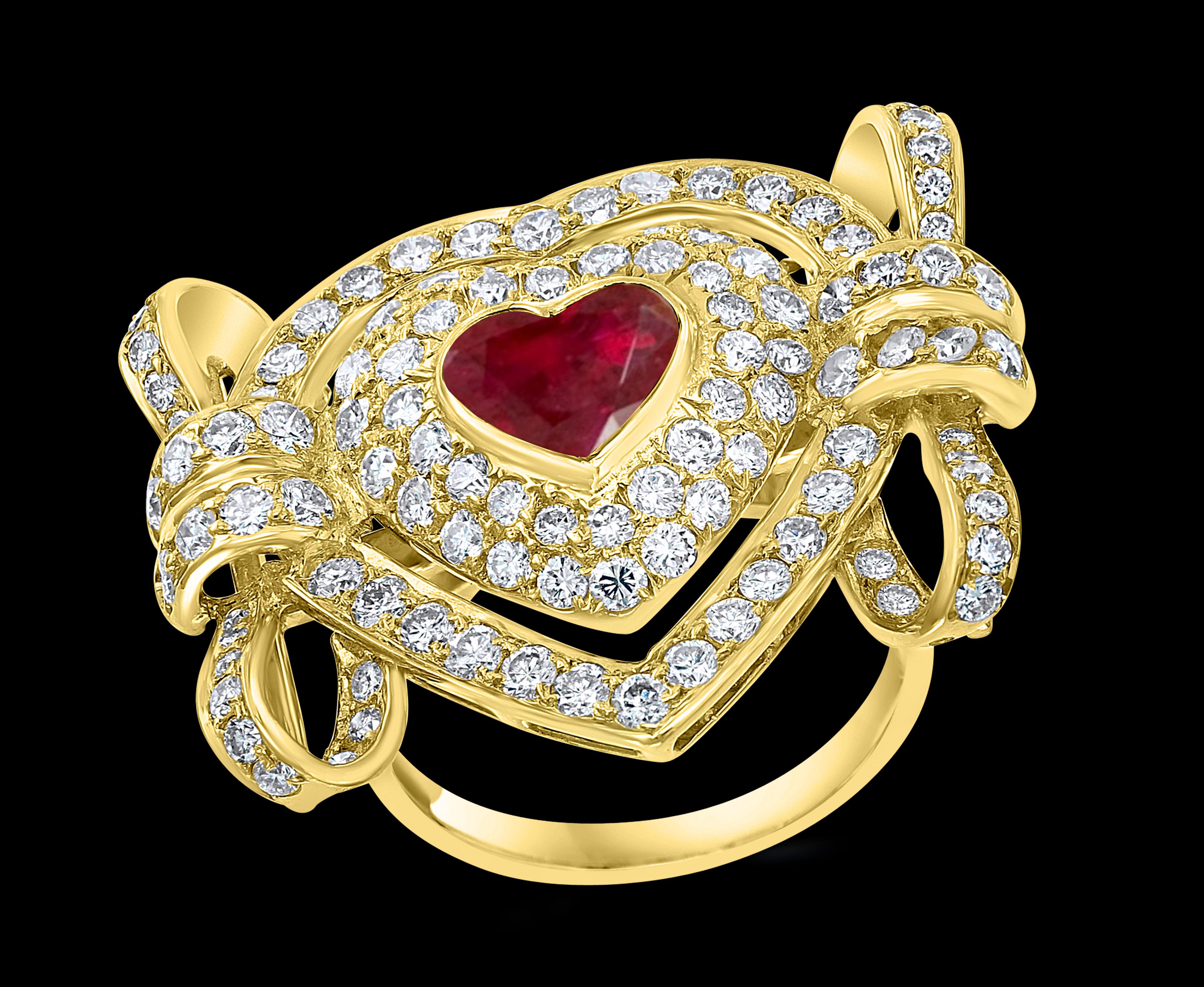 A classic, Cocktail ring 
over 1.5  Carat of very clean   natural  Heart shape   Ruby  and  Approximately  3.5 Ct Diamond Ring
 Ruby Heart 1.5 Ct
18 Karat Yellow Gold: 9.7 Grams
 Not Stamped but i  checked it for 18 K 
Ring Size 6.5 ( can be altered