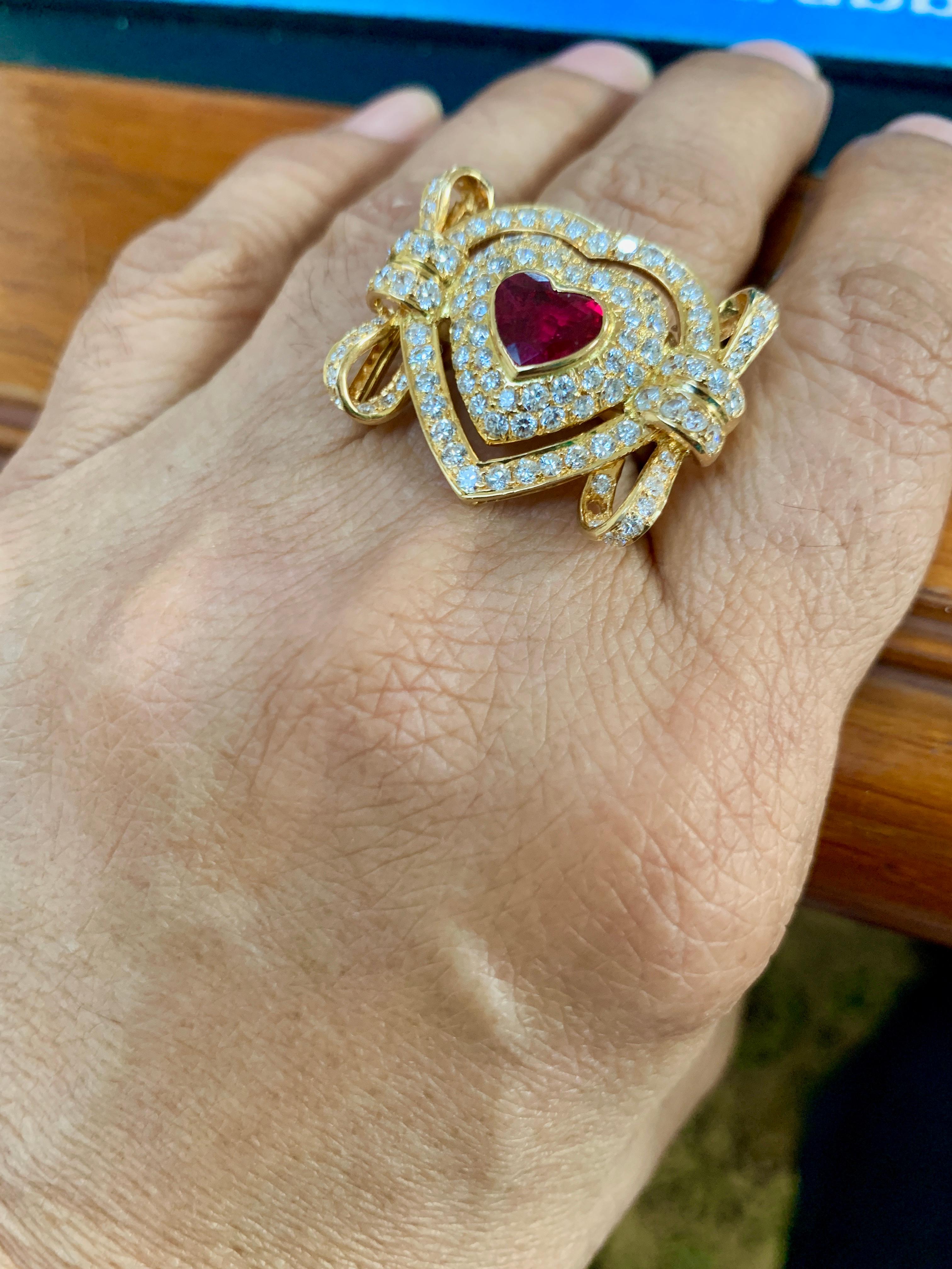 1.5 Carat Natural Heart Shape Ruby and 3.5 Carat Diamond 18 Karat Gold Ring 1