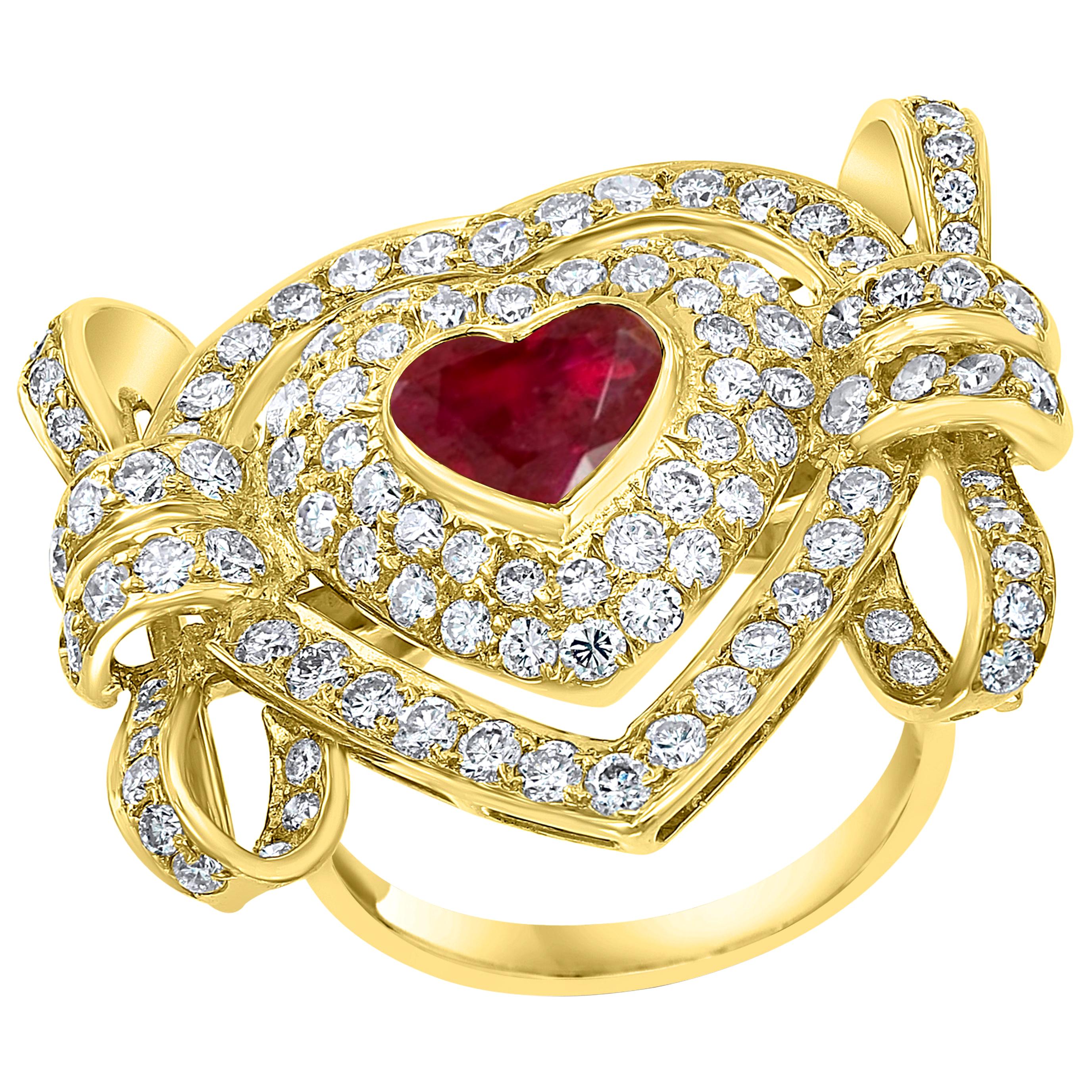 1.5 Carat Natural Heart Shape Ruby and 3.5 Carat Diamond 18 Karat Gold Ring