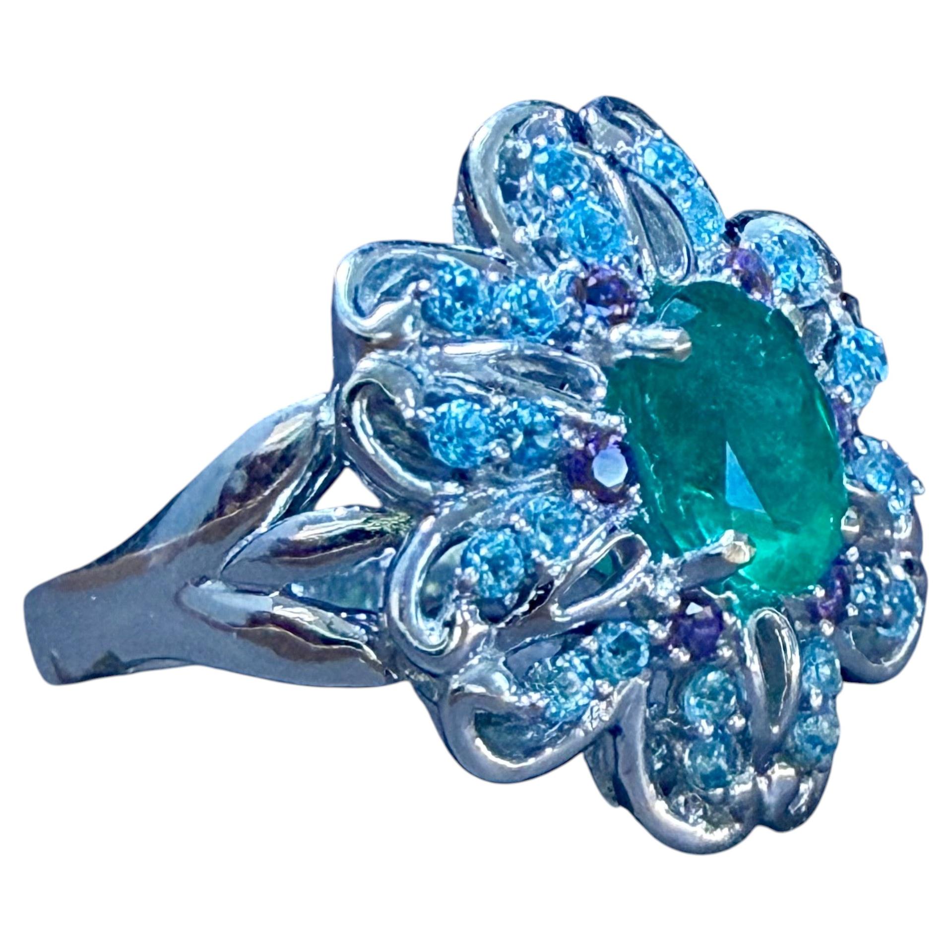 1.5 Carat Natural Oval Cut Emerald Ring With Blue Topaz & Amethyst 14 Karat Gold