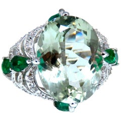 15 Carat Natural Oval Green Amethyst Emeralds Diamond Ring 14 Karat Lace Deco