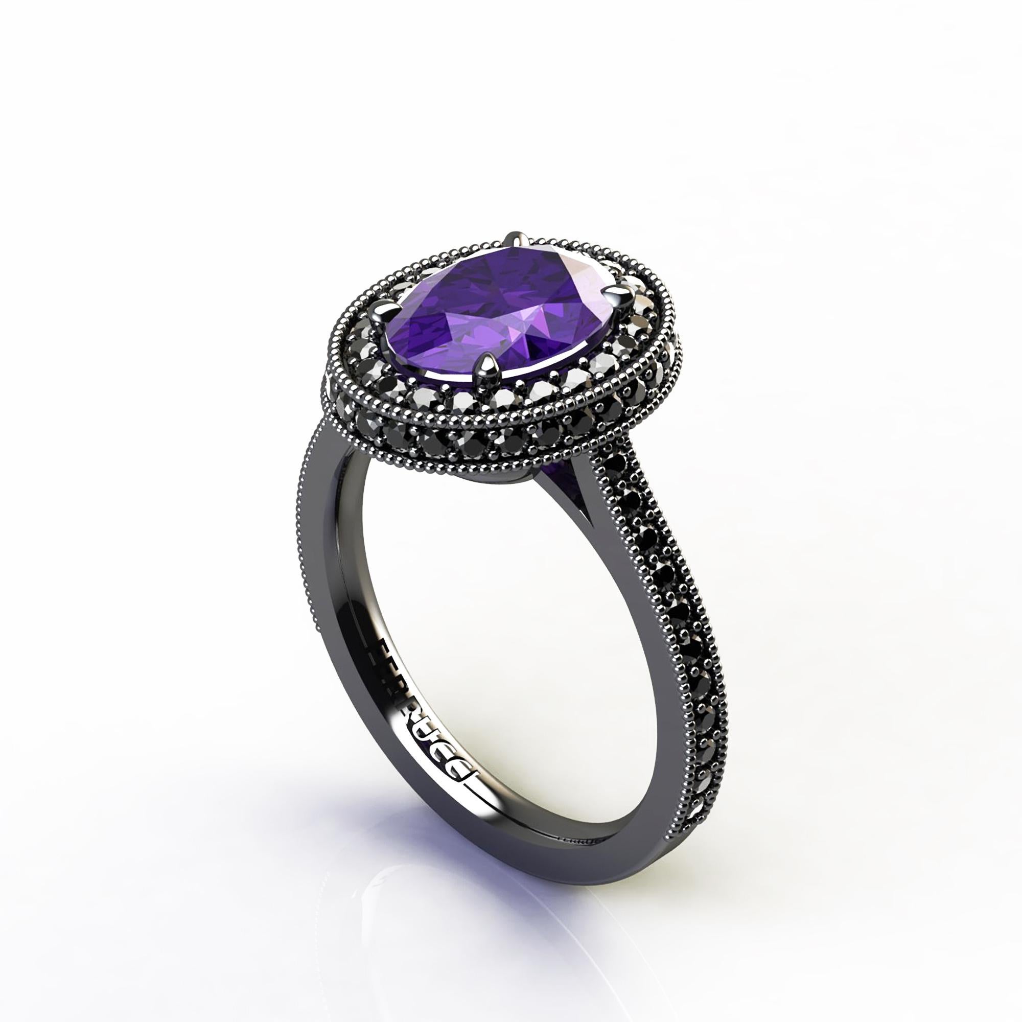 1.5 Carat Natural Purple Amethyst 0.52 Carat Black Diamonds 18 Karat Gold Ring For Sale 1
