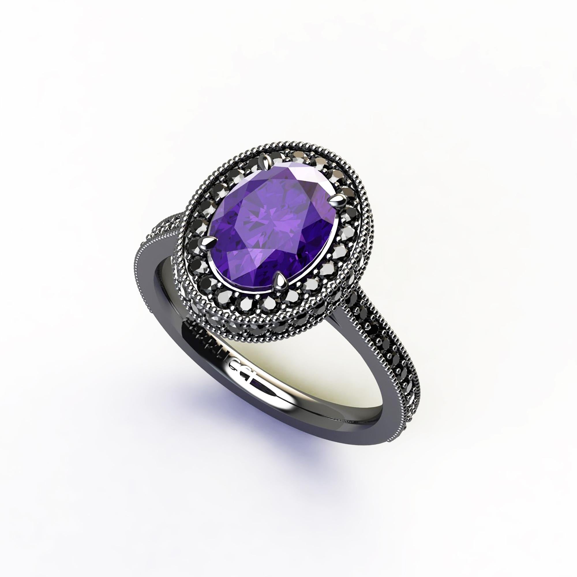 1.5 Carat Natural Purple Amethyst 0.52 Carat Black Diamonds 18 Karat Gold Ring For Sale 5