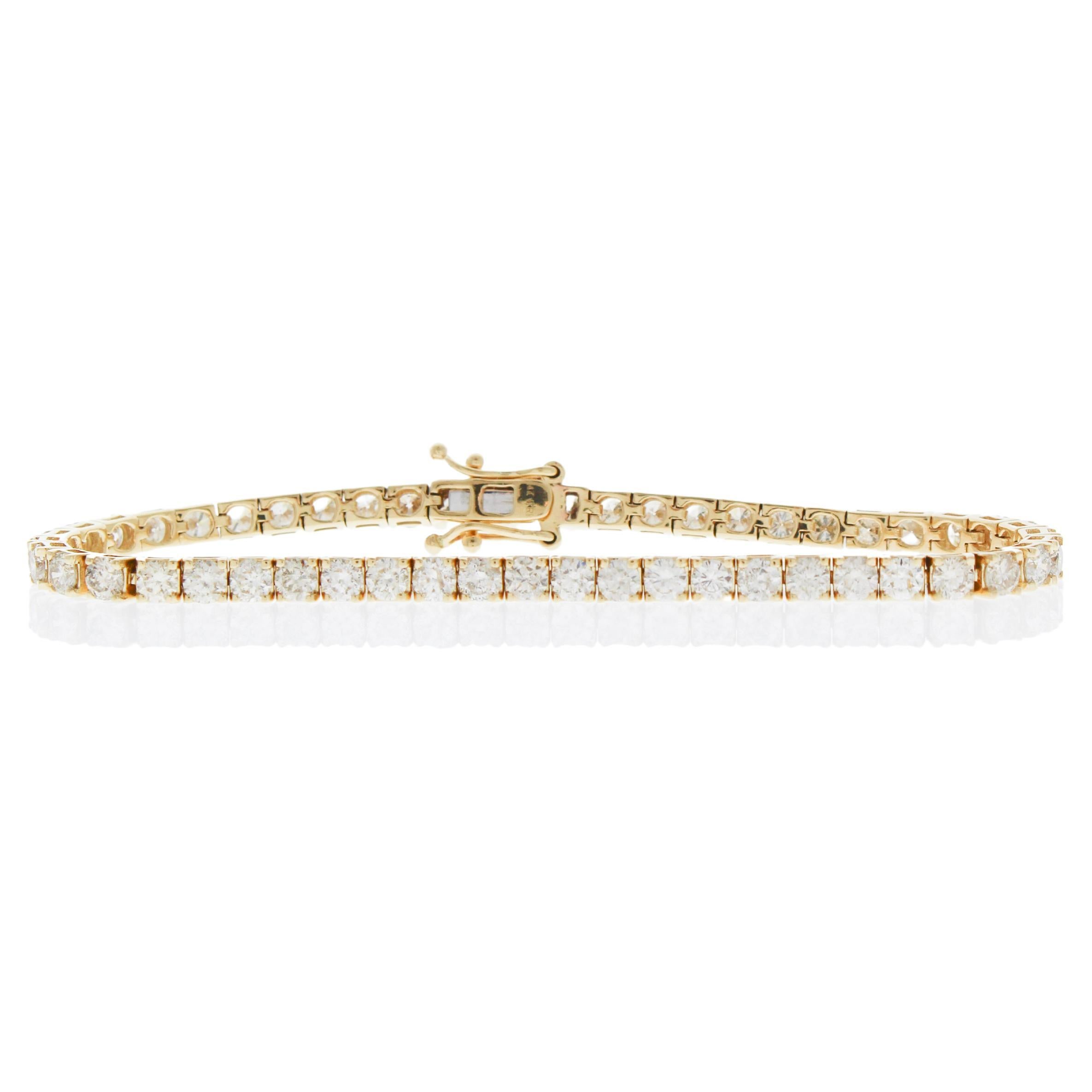 Bracelet tennis à 4 griffes en or jaune 14 carats avec diamants ronds naturels de 15 carats