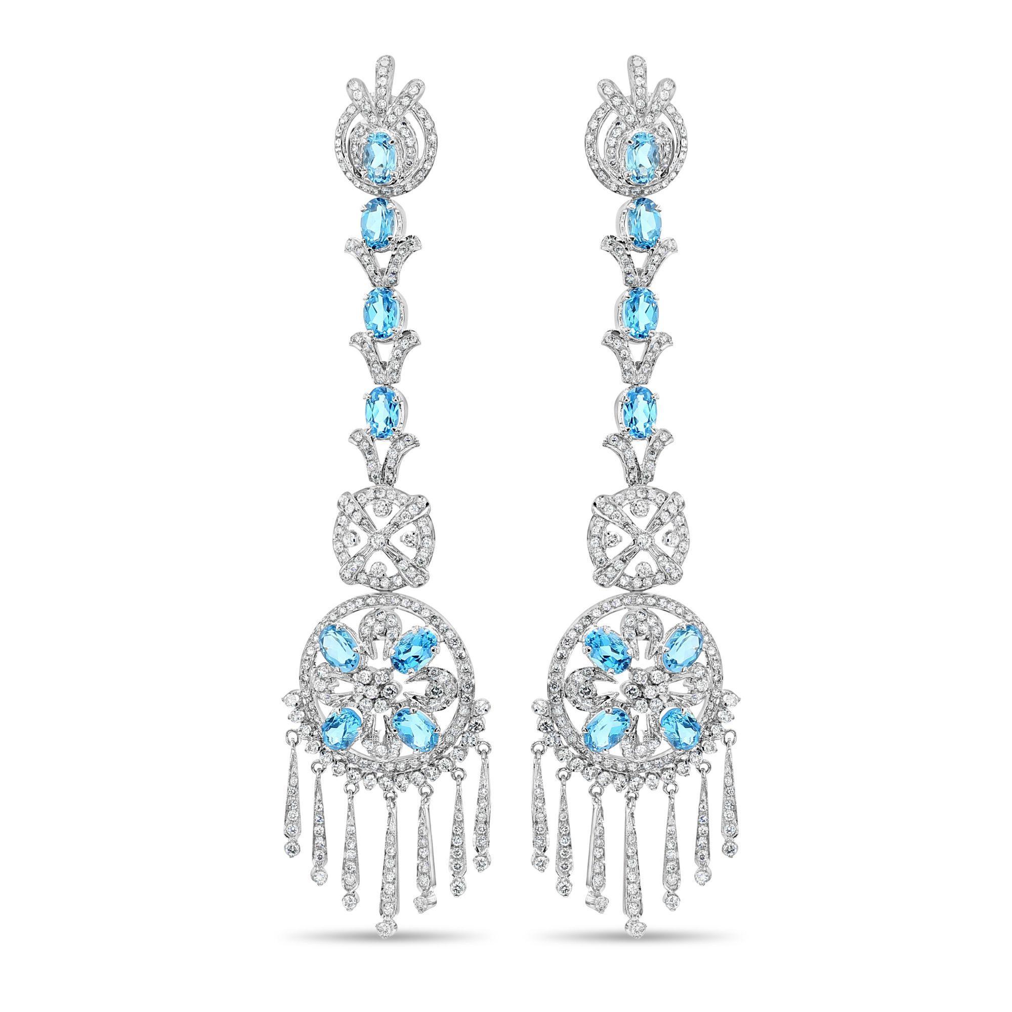 15 Carat Oval Aquamarine & Diamond 18K White Gold Retro Dangle Earrings en venta 5